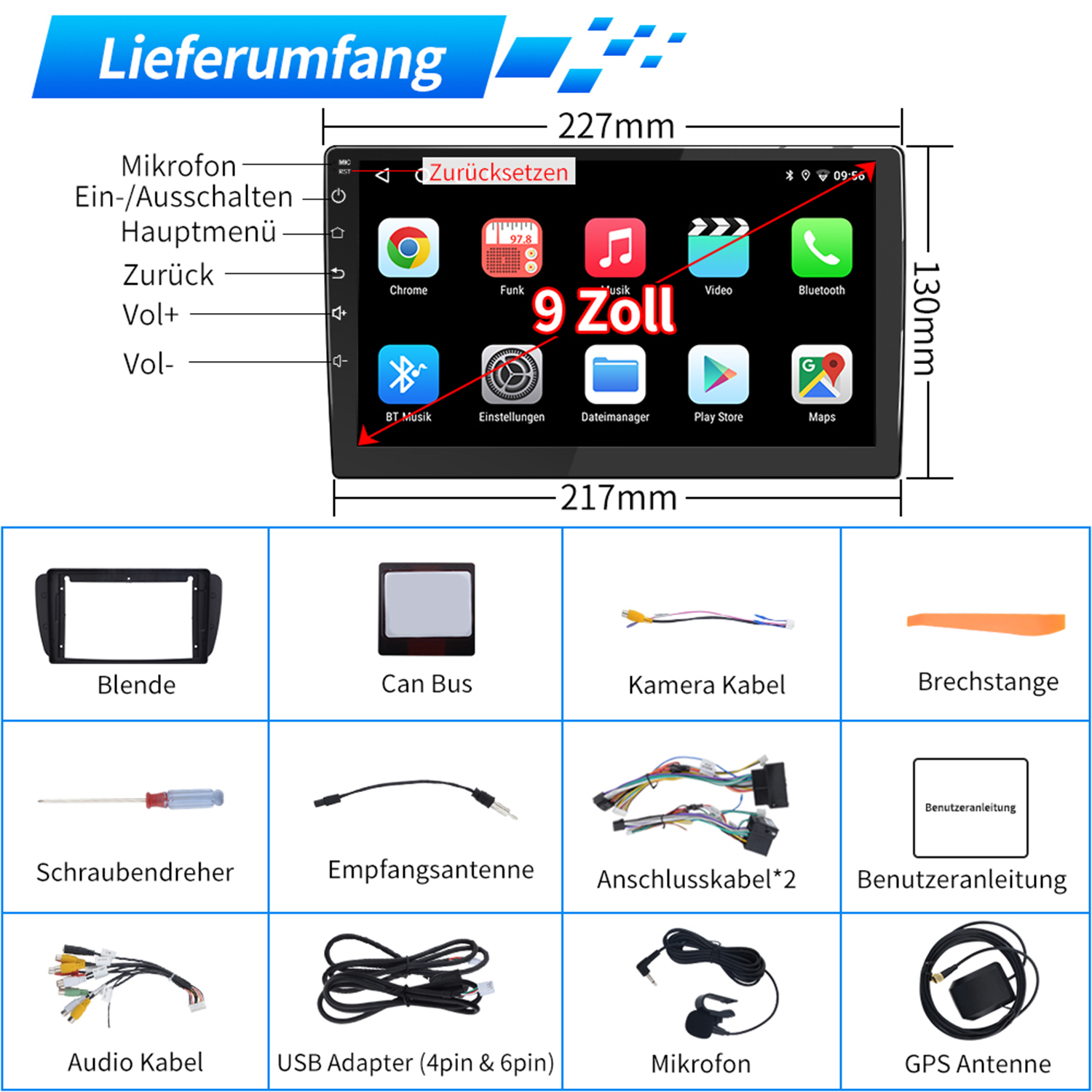 Autoradio-Bildschirm mit Maßen und Symbolen: Chrome, Funk, Video, Bluetooth, BT Musik, Einstellungen, Play Store, Maps.