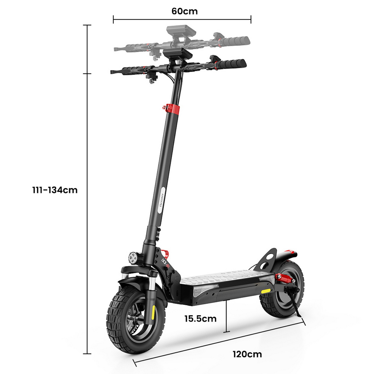 Scooter elettrico nero con dimensioni. Ha pneumatici neri, dettagli rossi e una luce.