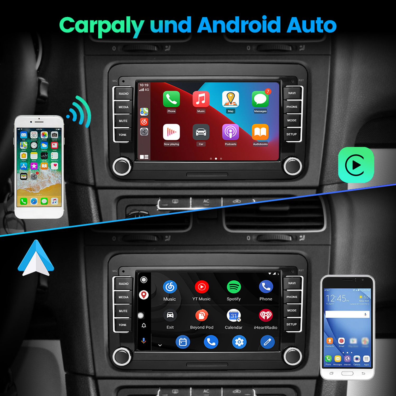 Zwei Autoradio-Bildschirme zeigen Smartphone-Konnektivität: Apple CarPlay und Android Auto.