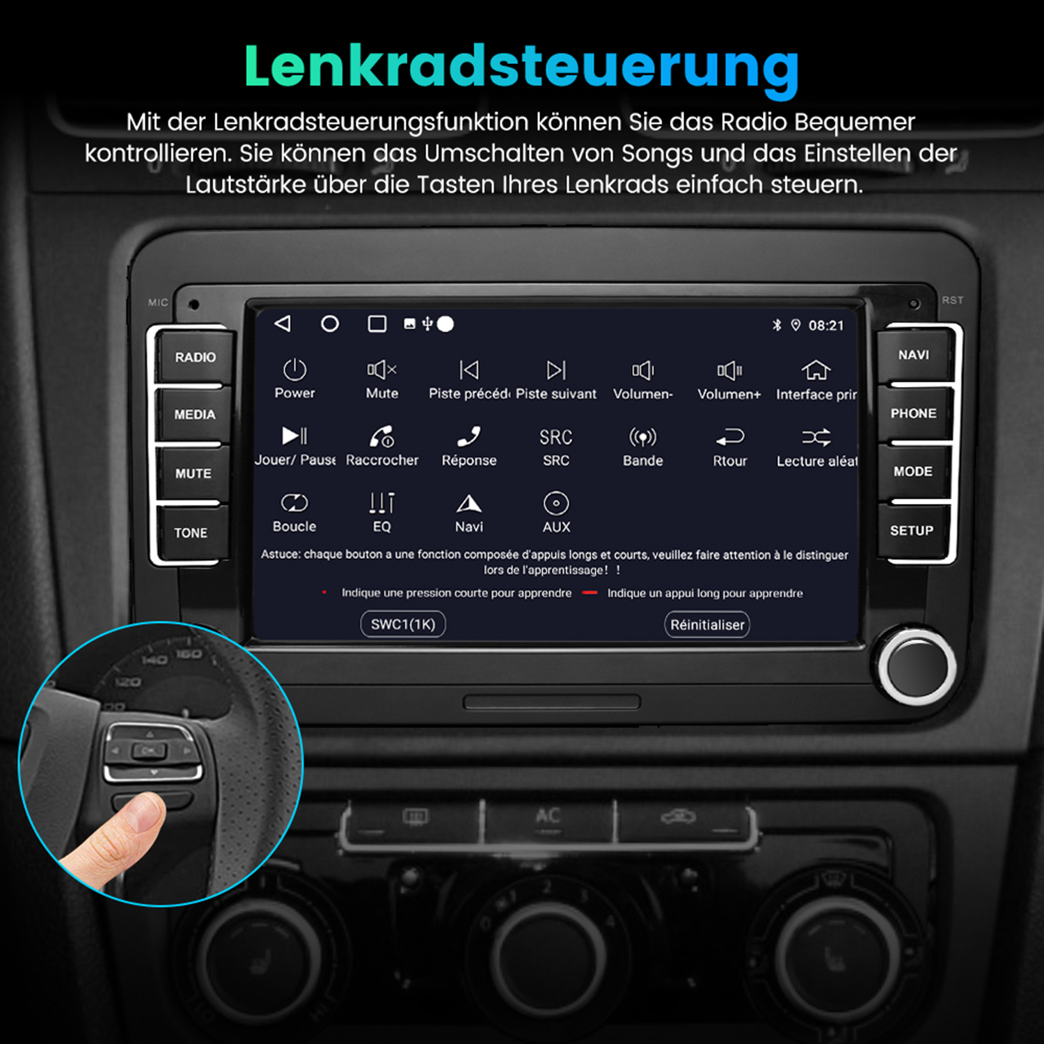 Autoradio-Bildschirm mit Einstellungen. Lenkrad im Vordergrund.