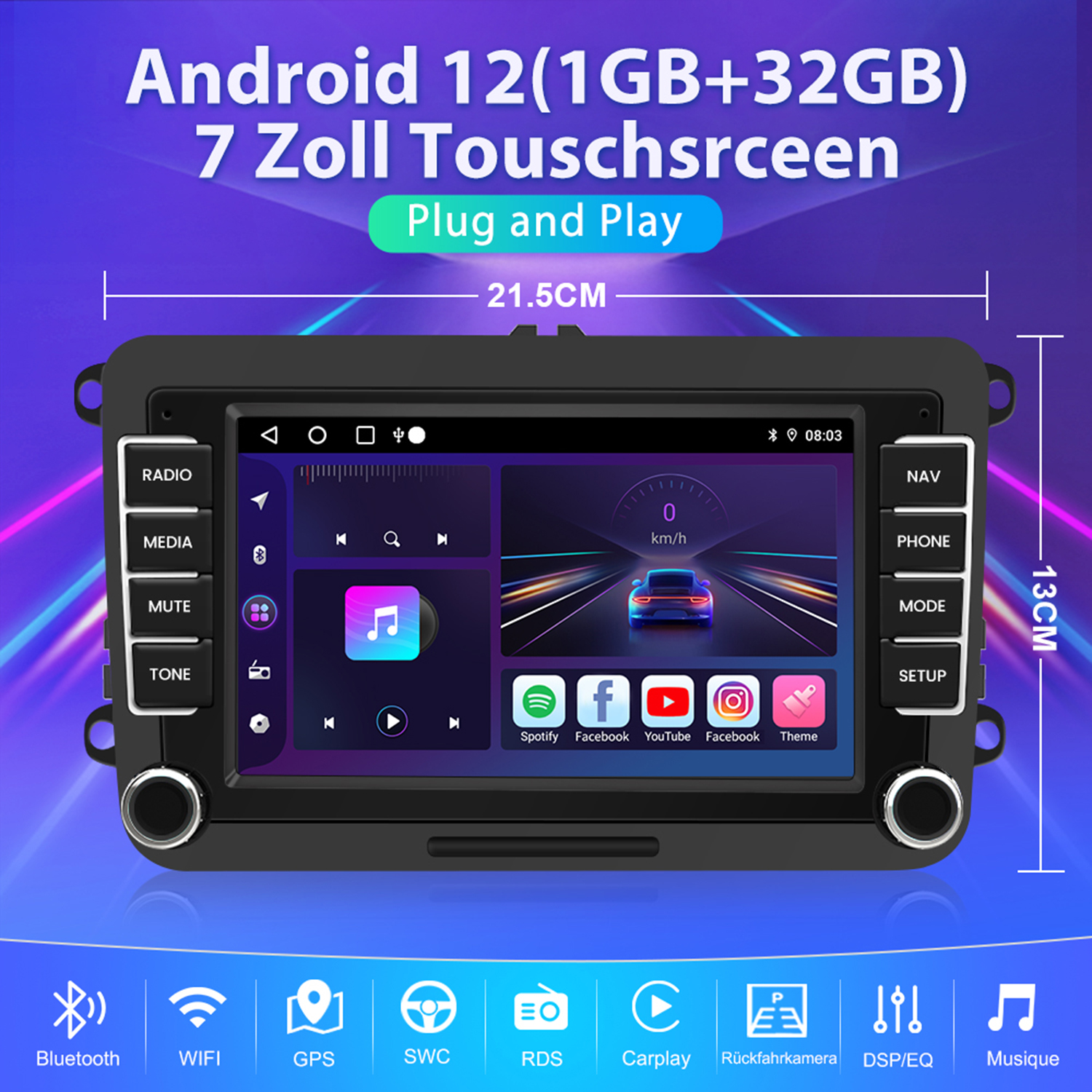 Autoradio mit Touchscreen, Navigation, Symbolen und Maßen.