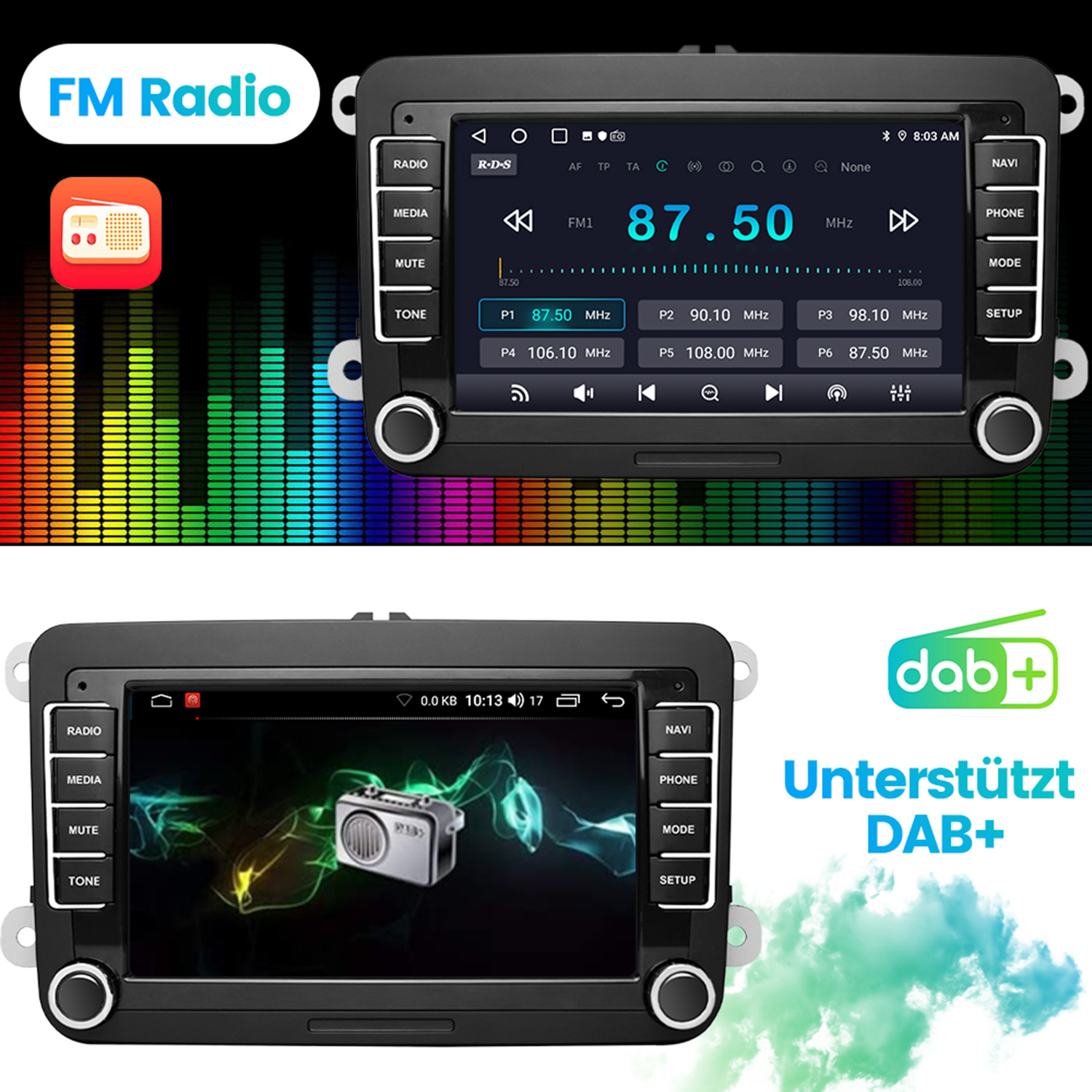 Autoradio mit FM-Radio-Anzeige und DAB+-Unterstützung, darunter ein farbenfroher Grafik-Equalizer.