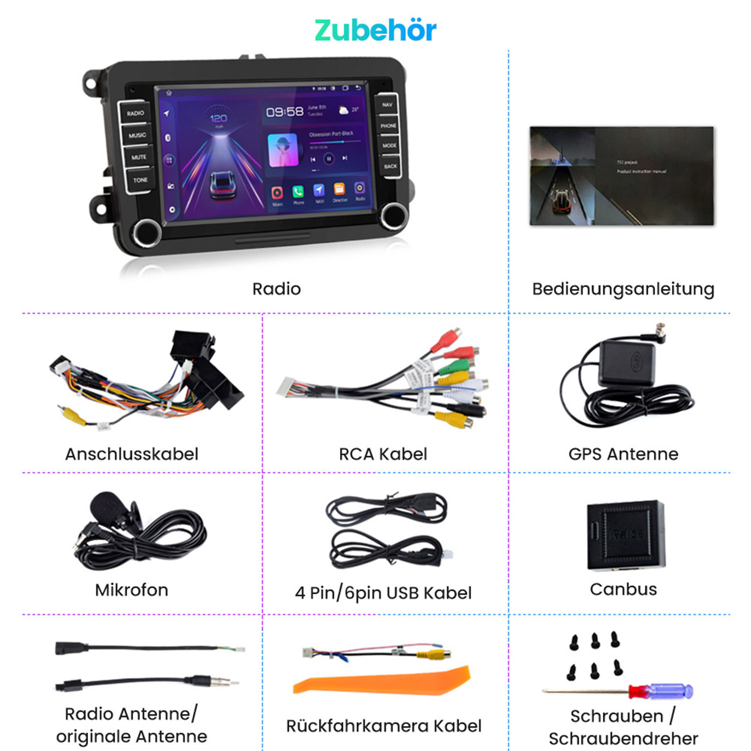 Autoradio-Komponenten. Enthält Radio, Kabel, Antenne, GPS und eine Bedienungsanleitung.