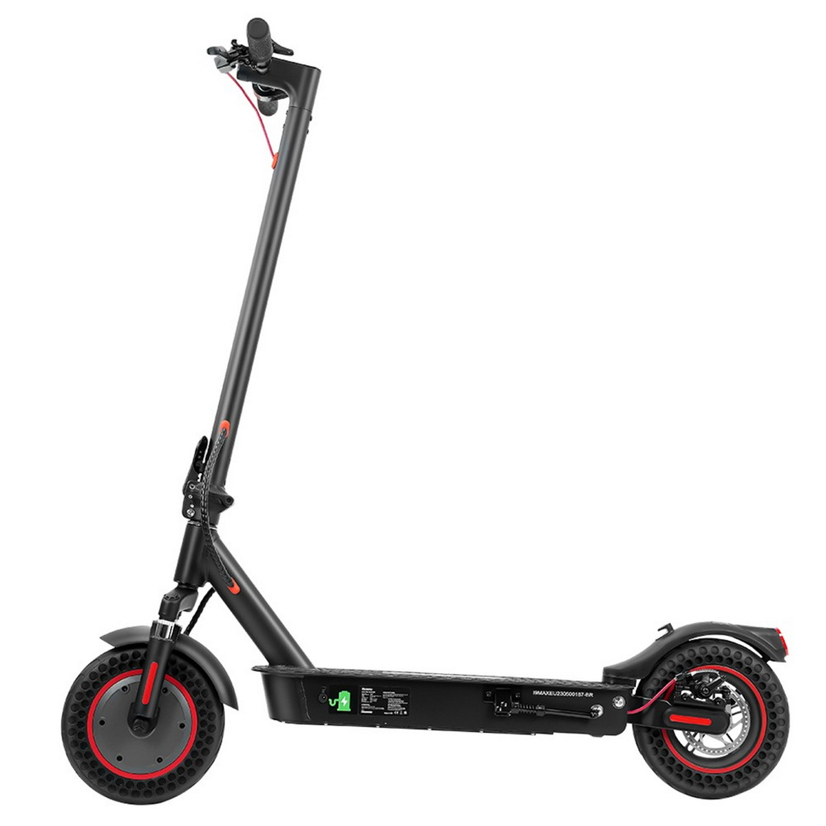 Scooter elettrico nero con accenti rossi. Ha un design pieghevole e un cavo rosso.
