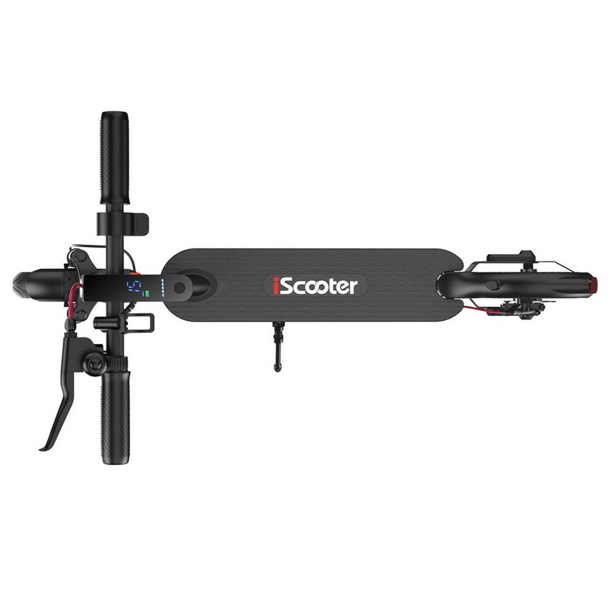 Scooter elettrico nero, vista dall'alto. Sfondo bianco.