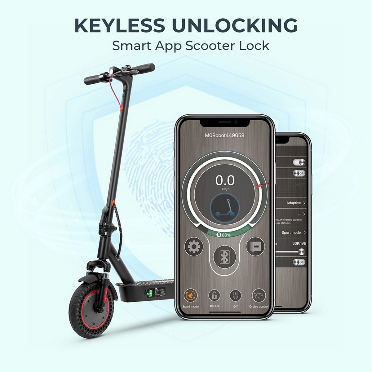 Scooter nero con telefono che mostra l'interfaccia dell'app, testo: Keyless Unlocking.