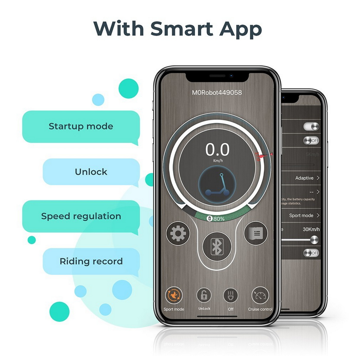 Due telefoni che mostrano un'interfaccia app con funzioni relative allo scooter.