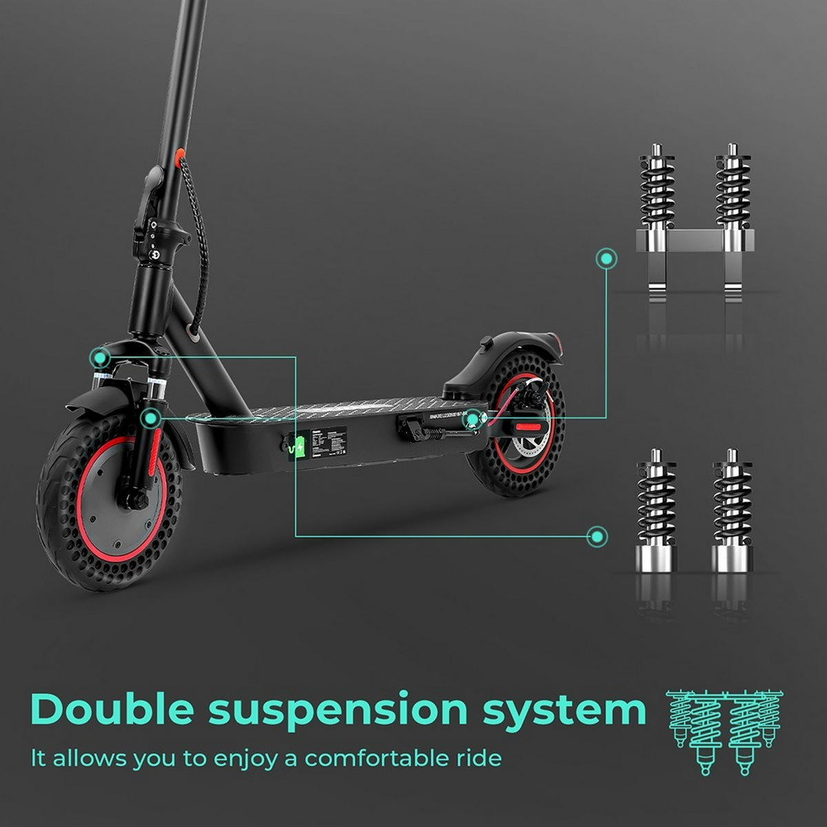 Scooter elettrico nero con sistema a doppia sospensione evidenziato e dettagli delle sospensioni.