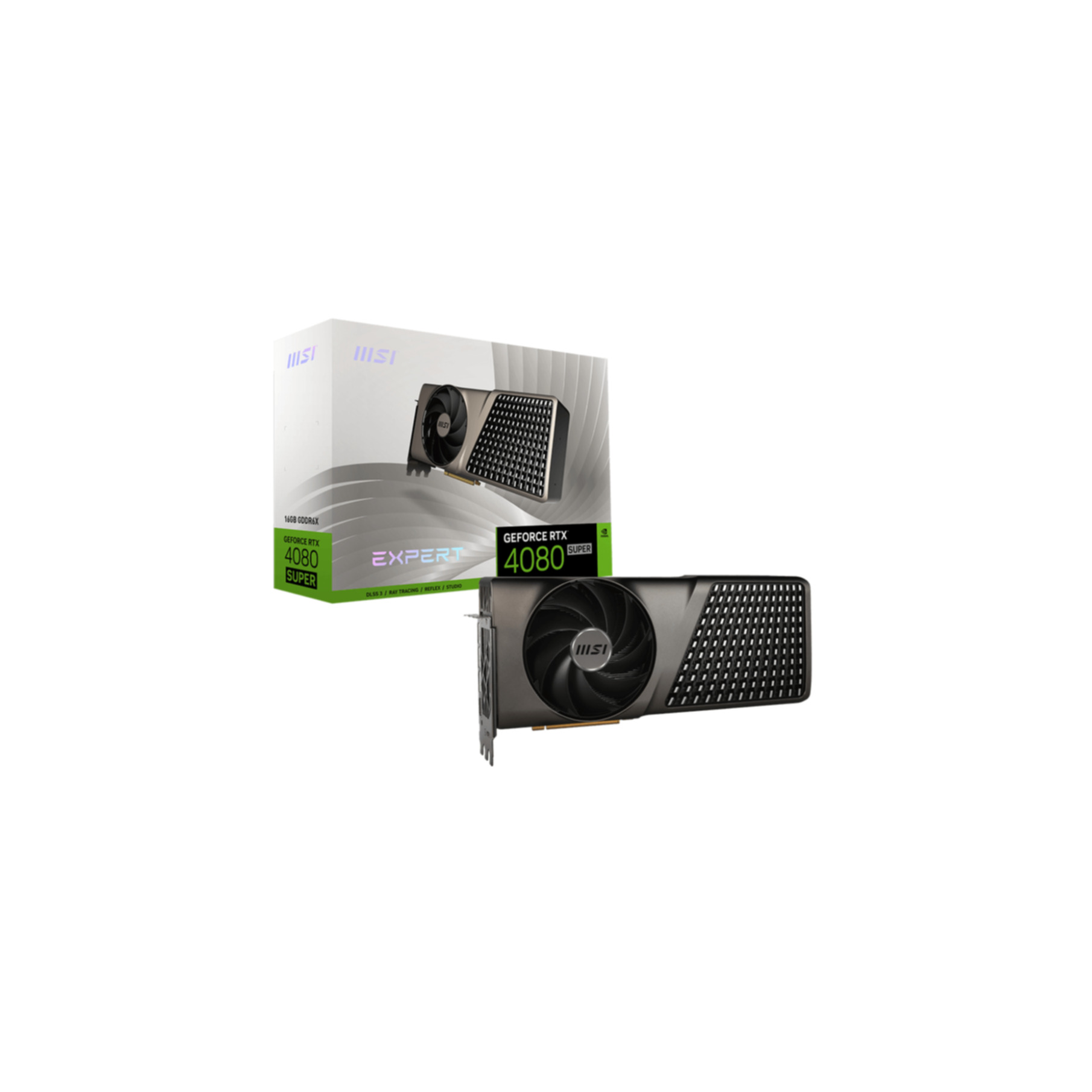 Box und Grafikkarte MSI GeForce RTX 4080 Super auf weißem Hintergrund.