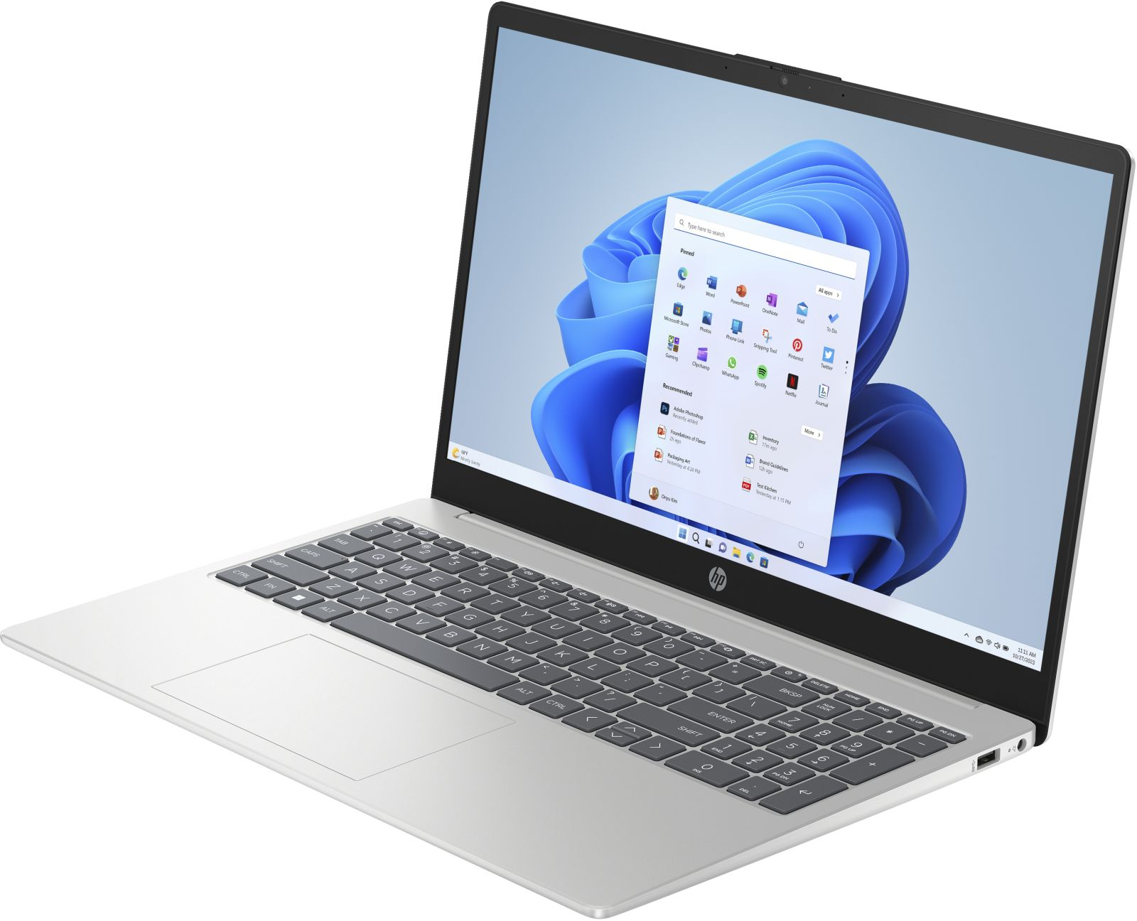 Silberner Laptop, geöffnet, mit Windows 11 Oberfläche. Der Bildschirm zeigt Symbole.