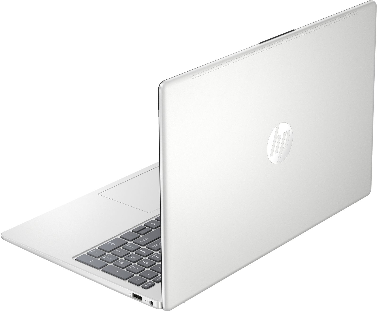 Weißer Laptop, geöffnet, auf weißer Oberfläche. Tastatur sichtbar. HP-Logo auf dem Deckel.
