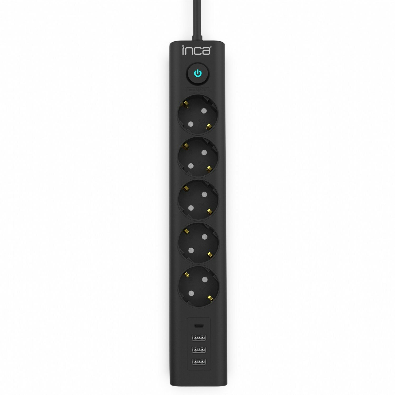 Schwarze Steckdosenleiste mit fünf Steckdosen und vier USB-Anschlüssen, mit Einschalter.