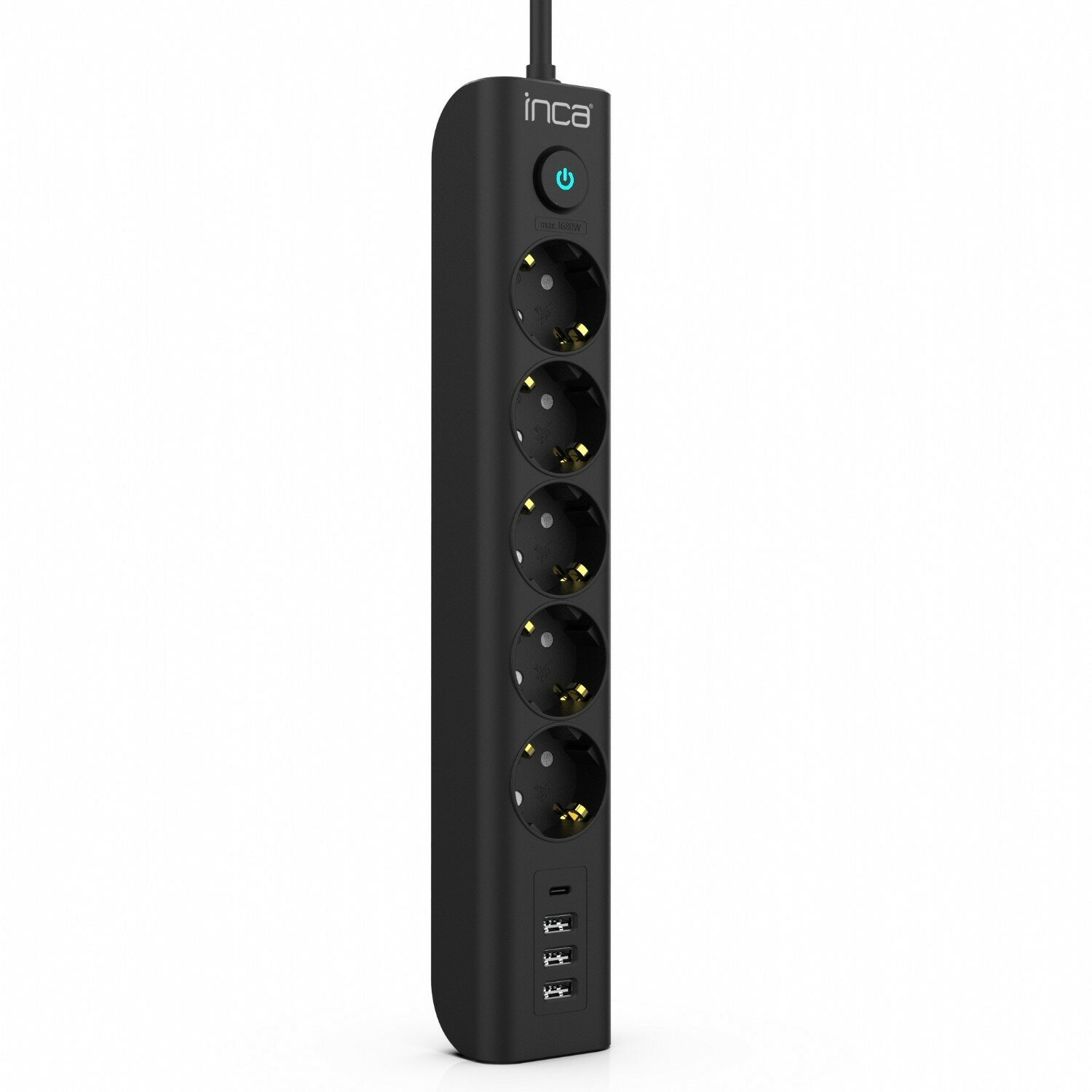 Schwarze Steckdosenleiste mit 5 Steckdosen und USB-Anschlüssen, auf weißem Hintergrund.