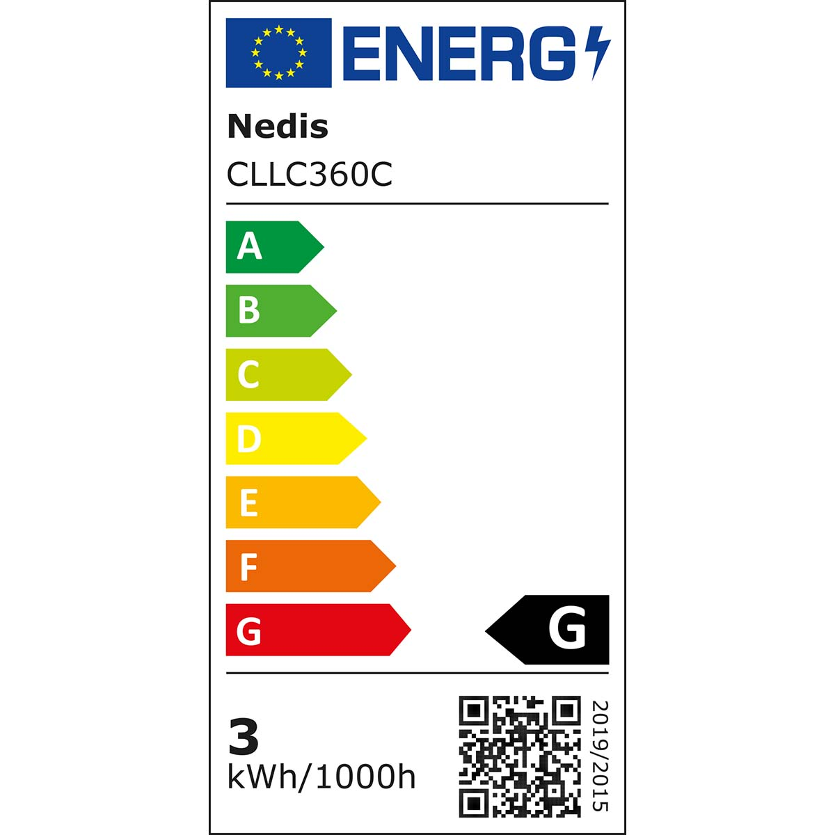 Energy label with ratings, energy usage, and appliance specifications, including G rating.