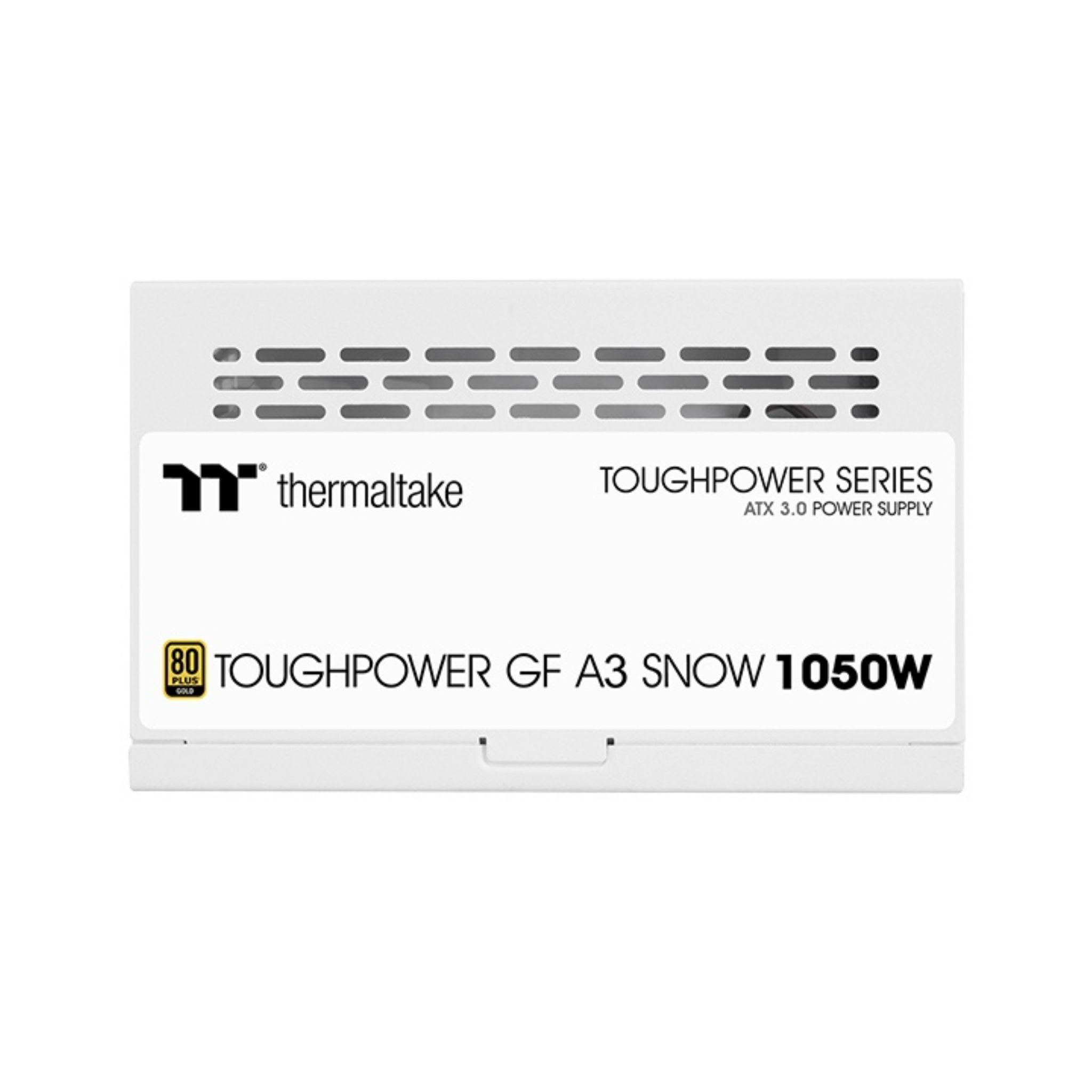 Biały zasilacz Thermaltake Toughpower GF A3 Snow 1050W, widok z przodu, na białym tle.