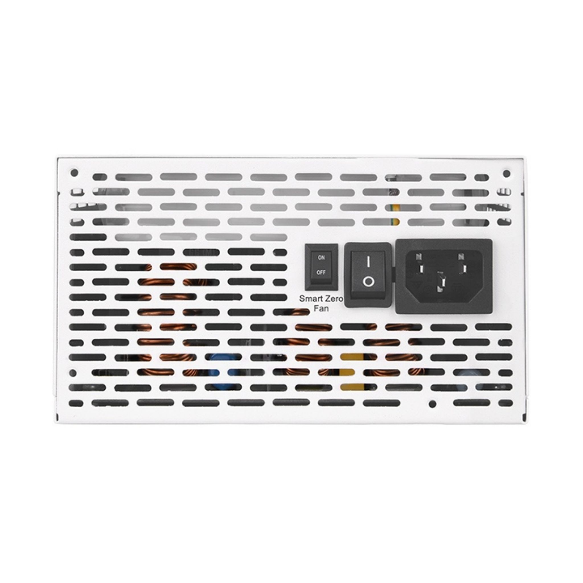 Biały zasilacz do komputera z różnymi portami i wentylatorem.