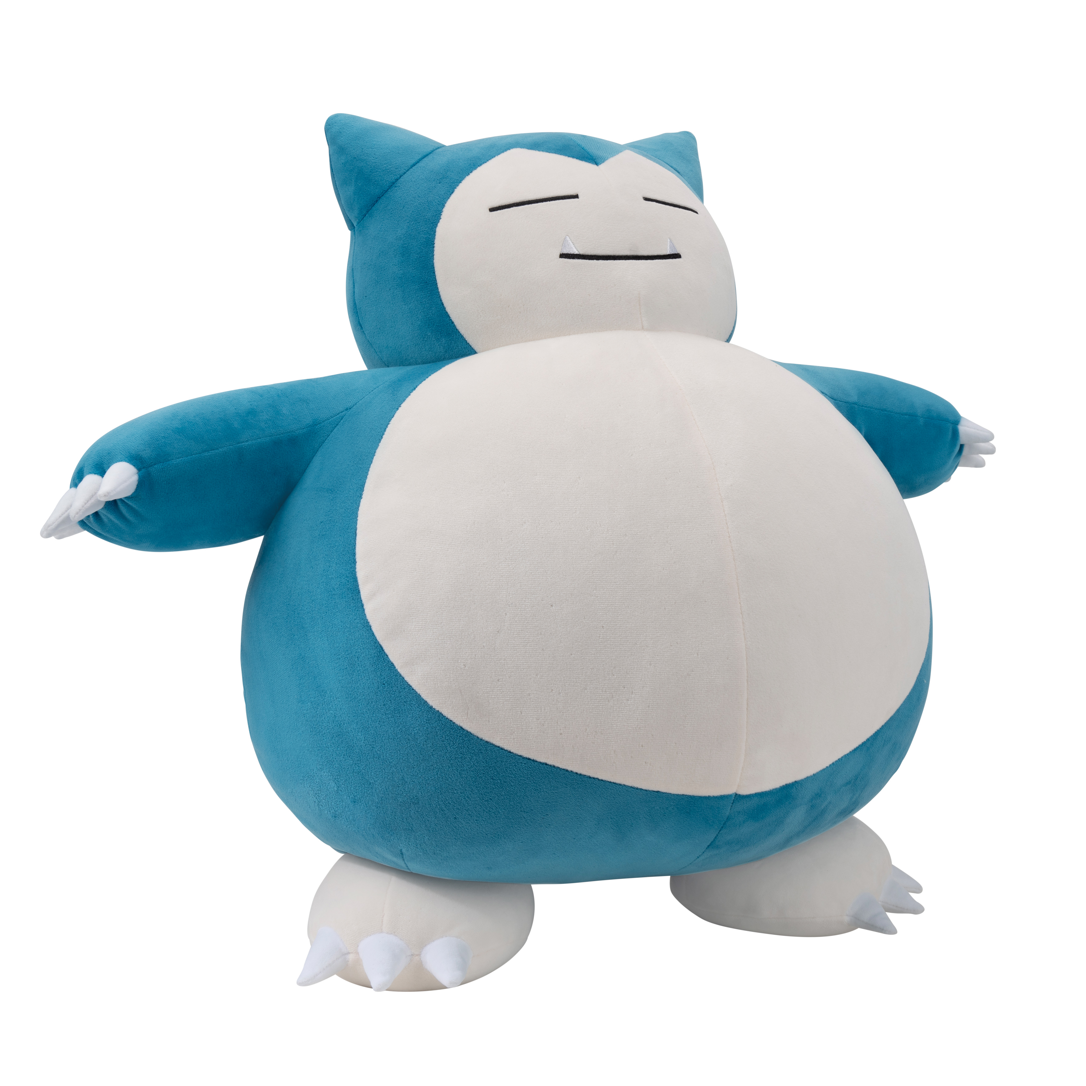 Ein großes Snorlax-Plüschtier, hauptsächlich blau und weiß, steht auf weißem Hintergrund.