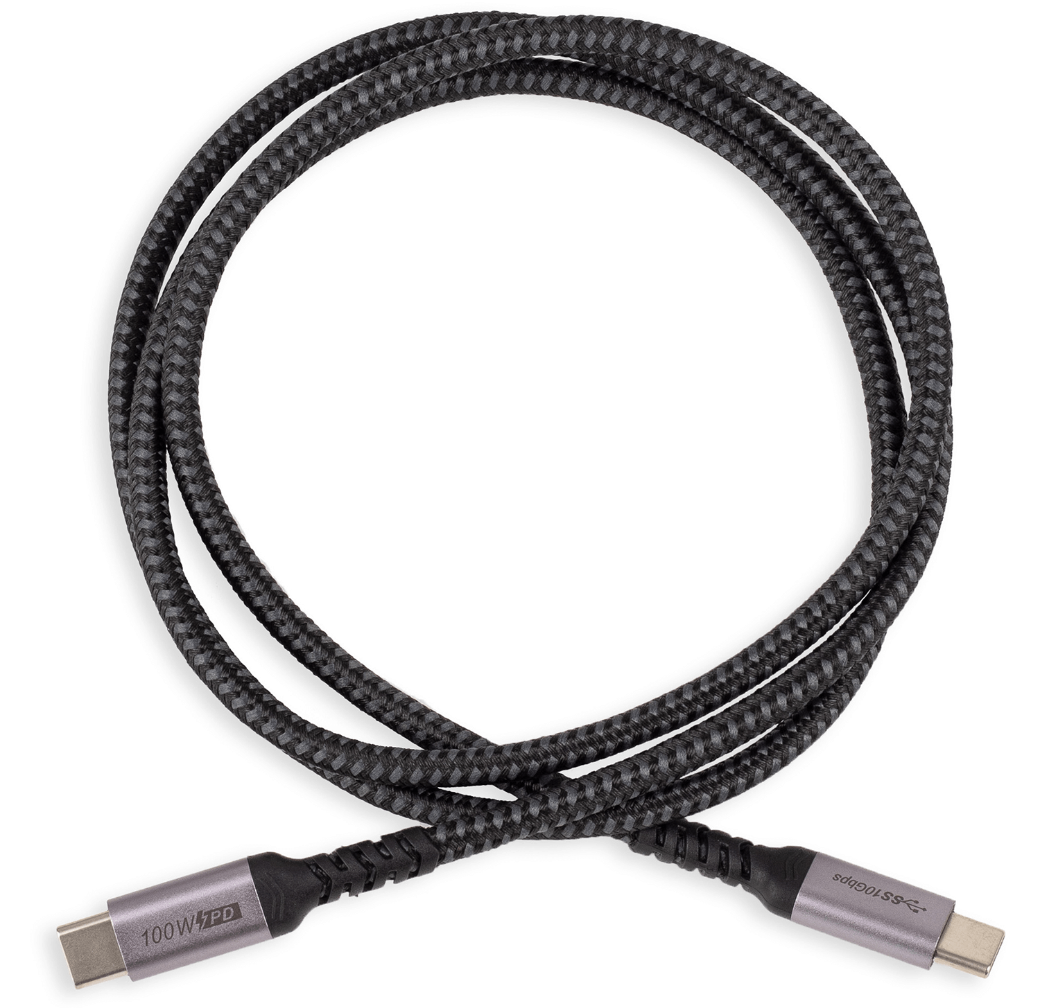 Czarny pleciony kabel USB-C, zwinięty. Srebrne złącza na obu końcach.