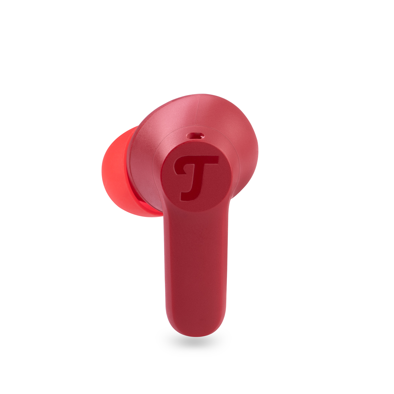 Roter Ohrhörer mit schwarzem 'T'-Logo. Der Ohrhörer befindet sich auf weißem Hintergrund.