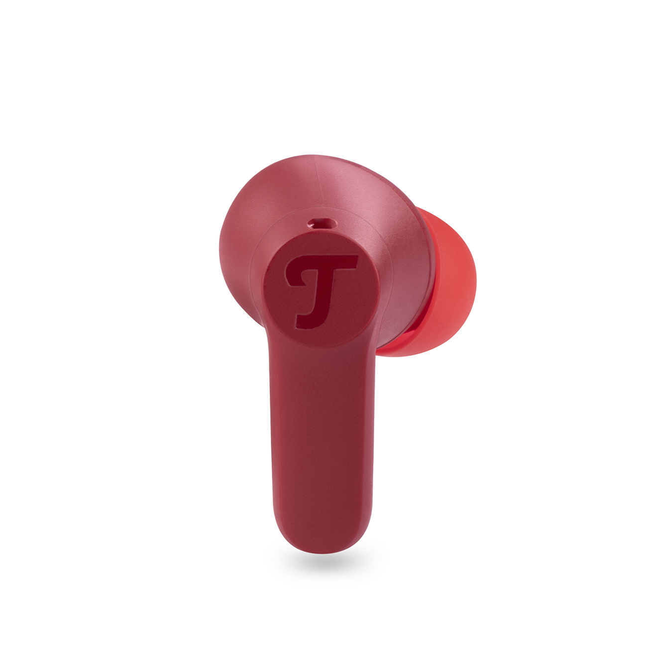 Ein roter Ohrhörer mit schwarzem Logo und weißem Hintergrund.