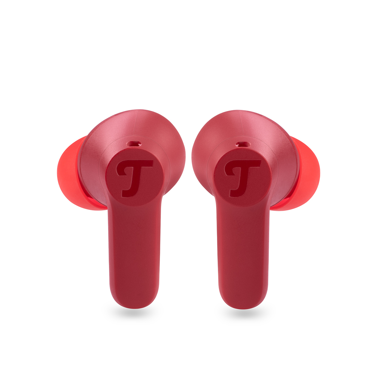 Zwei rote kabellose Ohrhörer auf weißem Hintergrund. Die Ohrhörer haben das Logo 'T'.