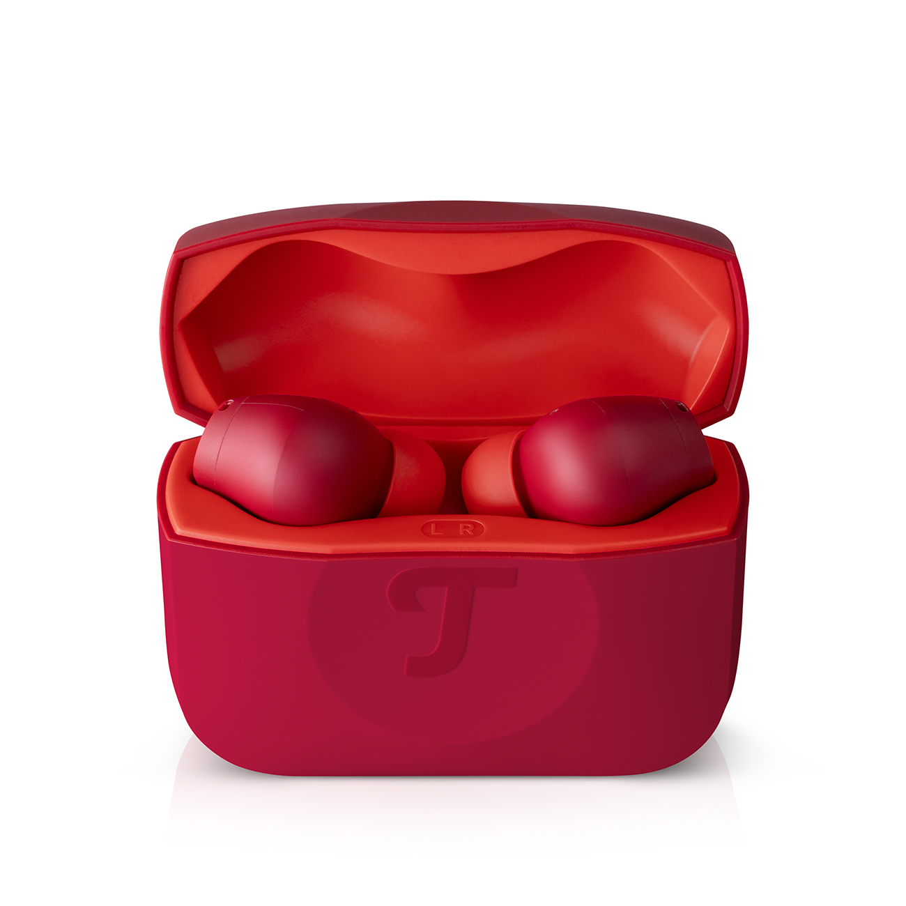 Rote Ohrhörer in rotem Ladecase. Case hat das Teufel Logo.