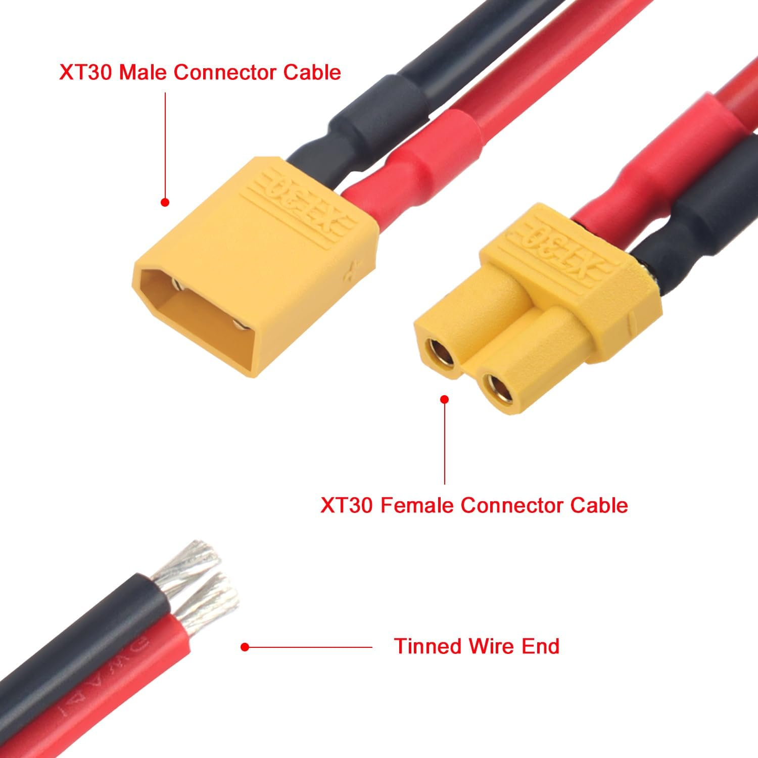 Nahaufnahme von XT30-Stecker- und -Buchsenkabeln mit verzinnten Drahtenden.