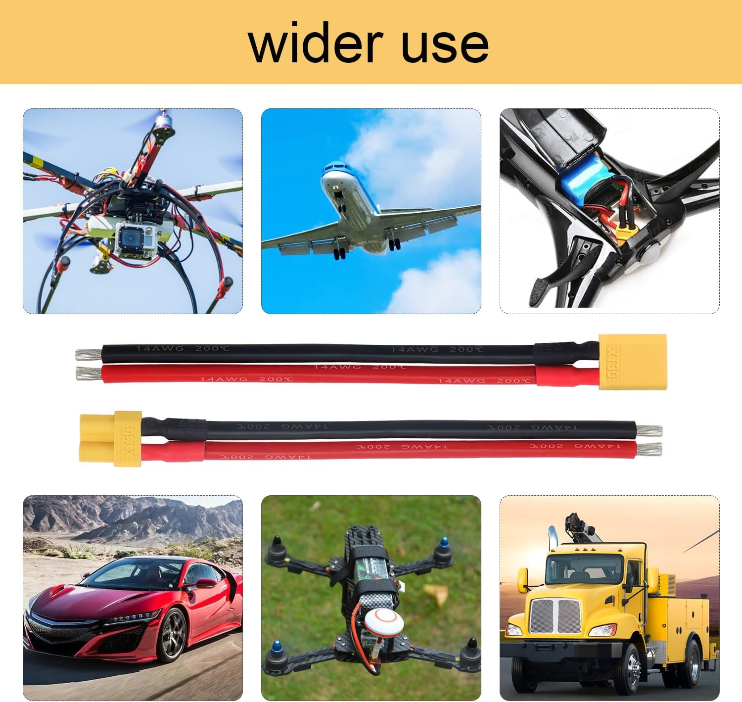 Bilder, die verschiedene Anwendungen von elektrischen Steckverbindern zeigen: Drohne, Flugzeug, Auto und LKW.