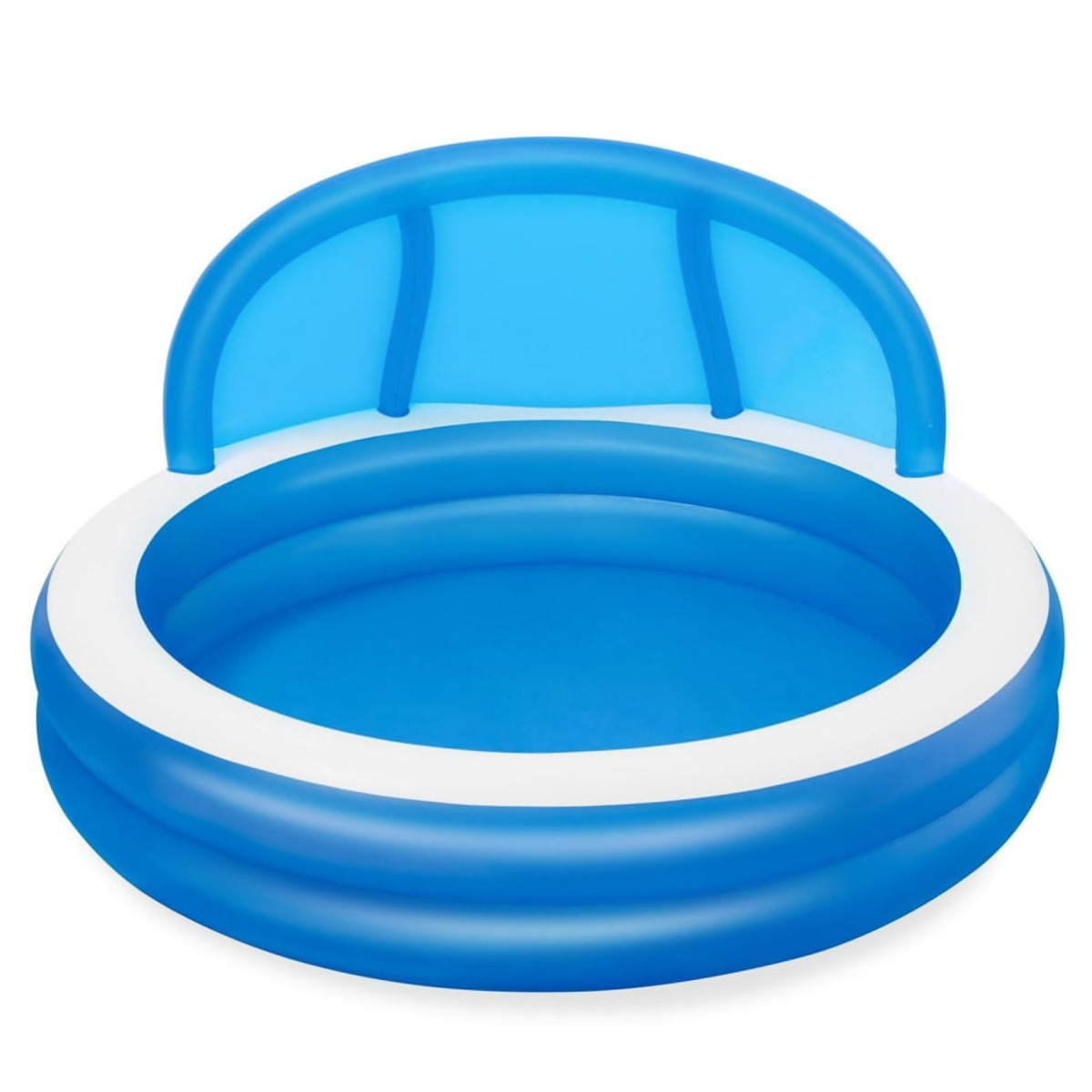 Una piscina inflable azul y blanca con un toldo azul, sobre una superficie blanca.