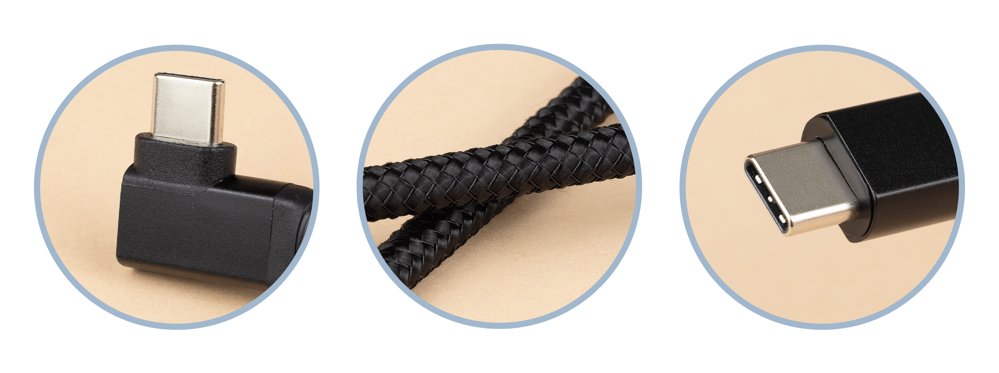 Zbliżenie trzech kabli USB-C o różnych kątach i fakturach.