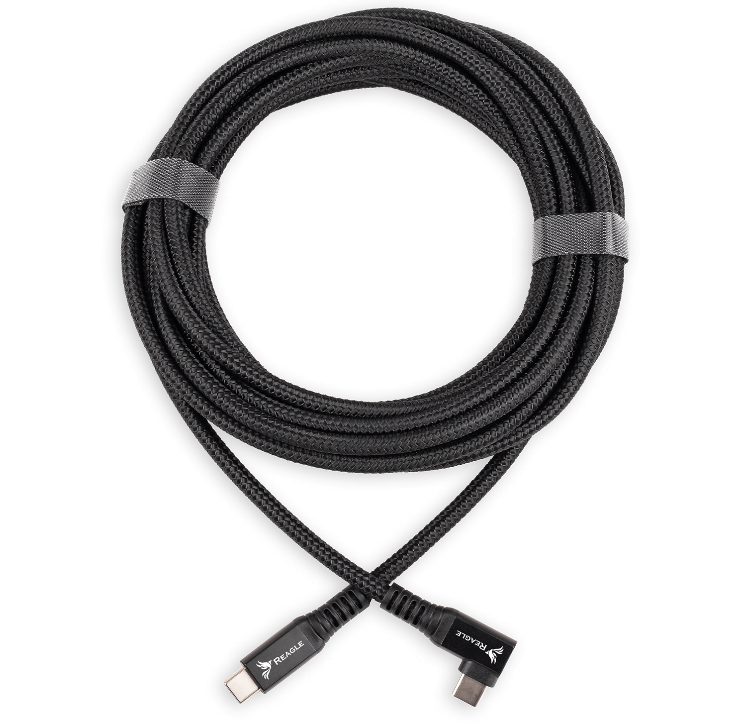 Czarny kabel USB-C z kątowymi złączami, zwinięty.