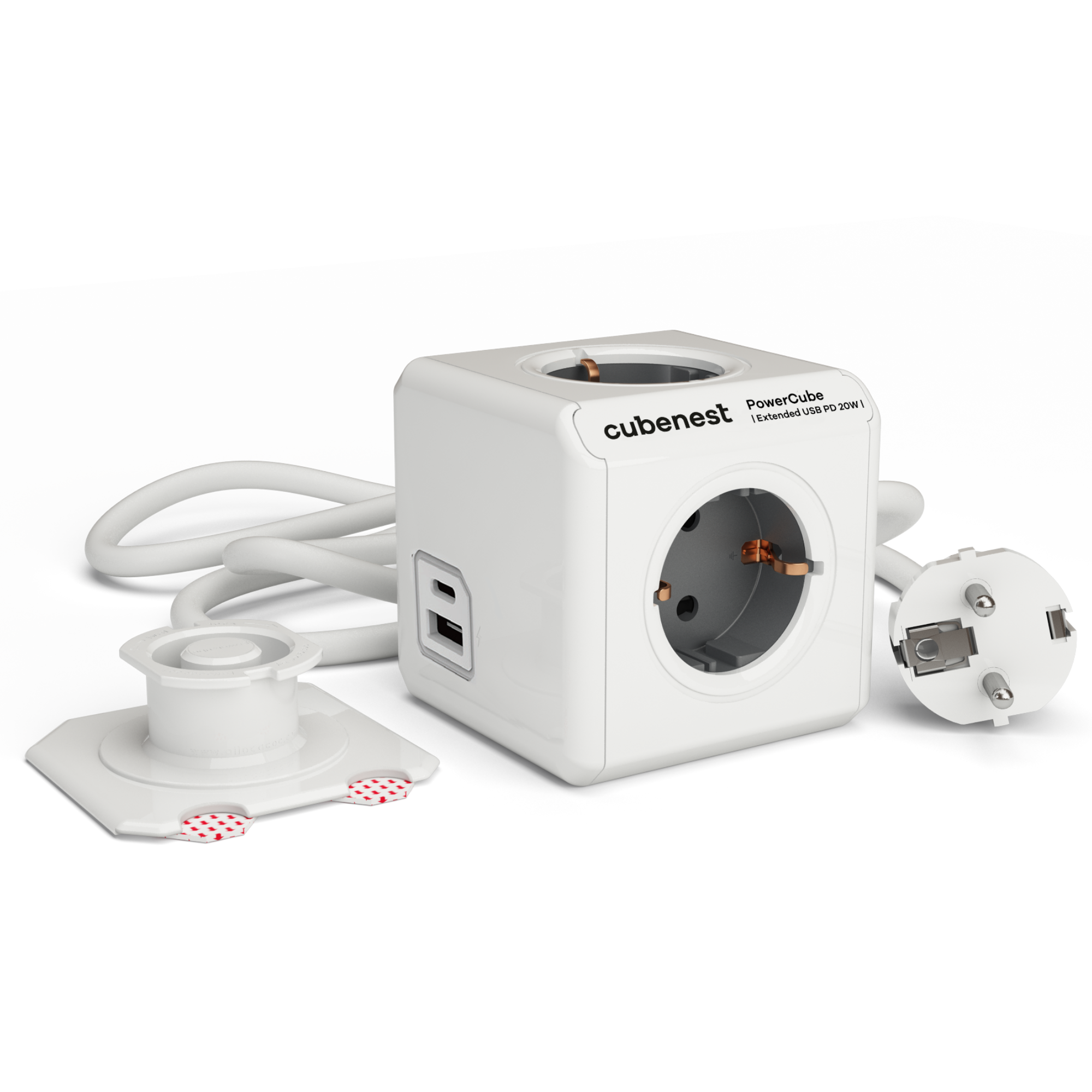 Weißer PowerCube mit mehreren Steckdosen, weißem Kabel und weißem Stecker.