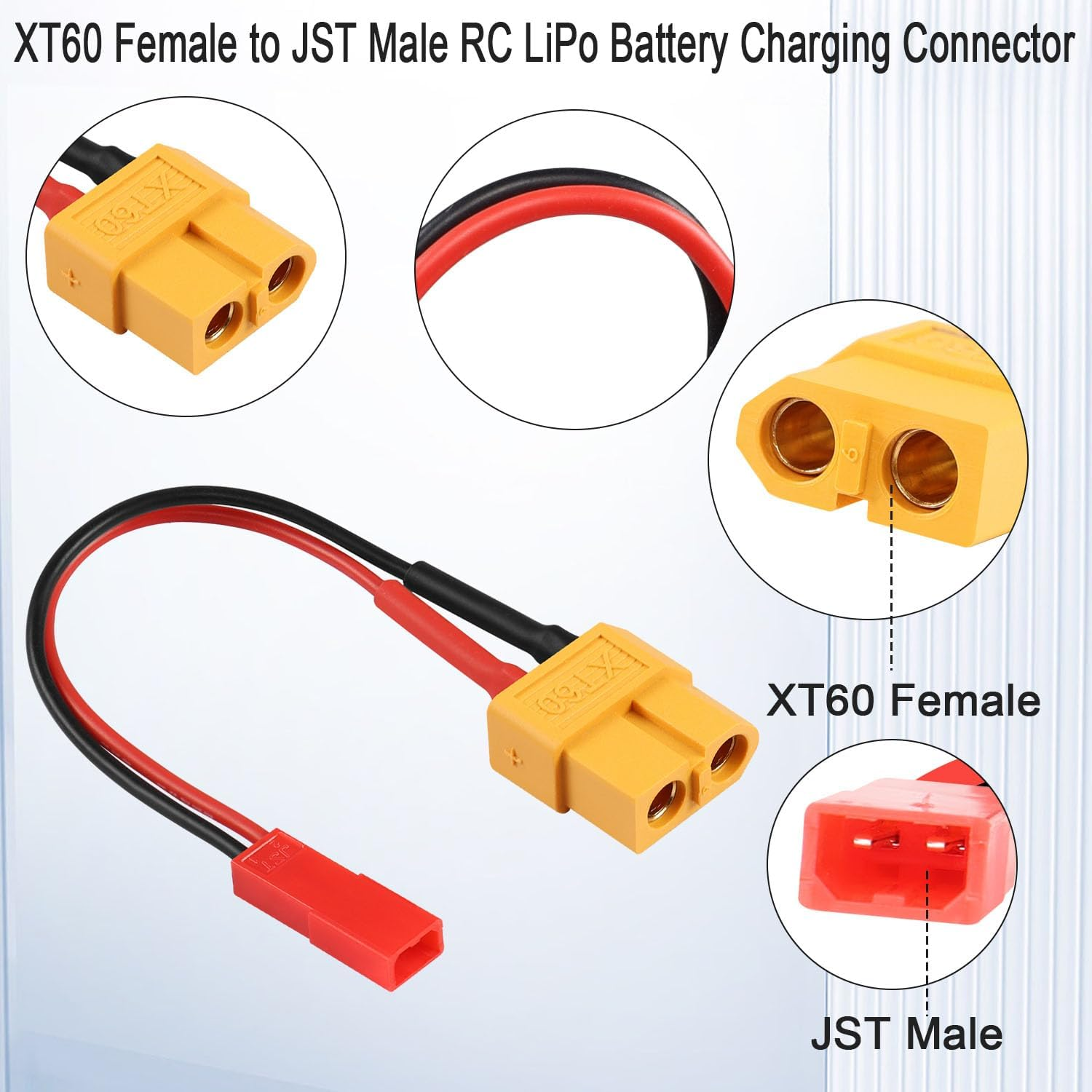 Ein XT60-Buchse-auf-JST-Stecker-RC-LiPo-Batterie-Ladeanschluss. Gelbe und rote Anschlüsse sind sichtbar.