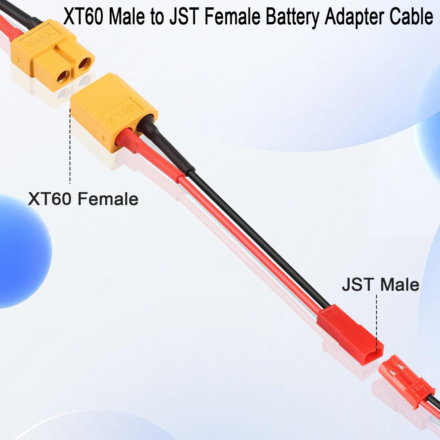 Batterieadapterkabel: gelbe XT60- und rot/schwarze JST-Anschlüsse. Weißer Hintergrund.