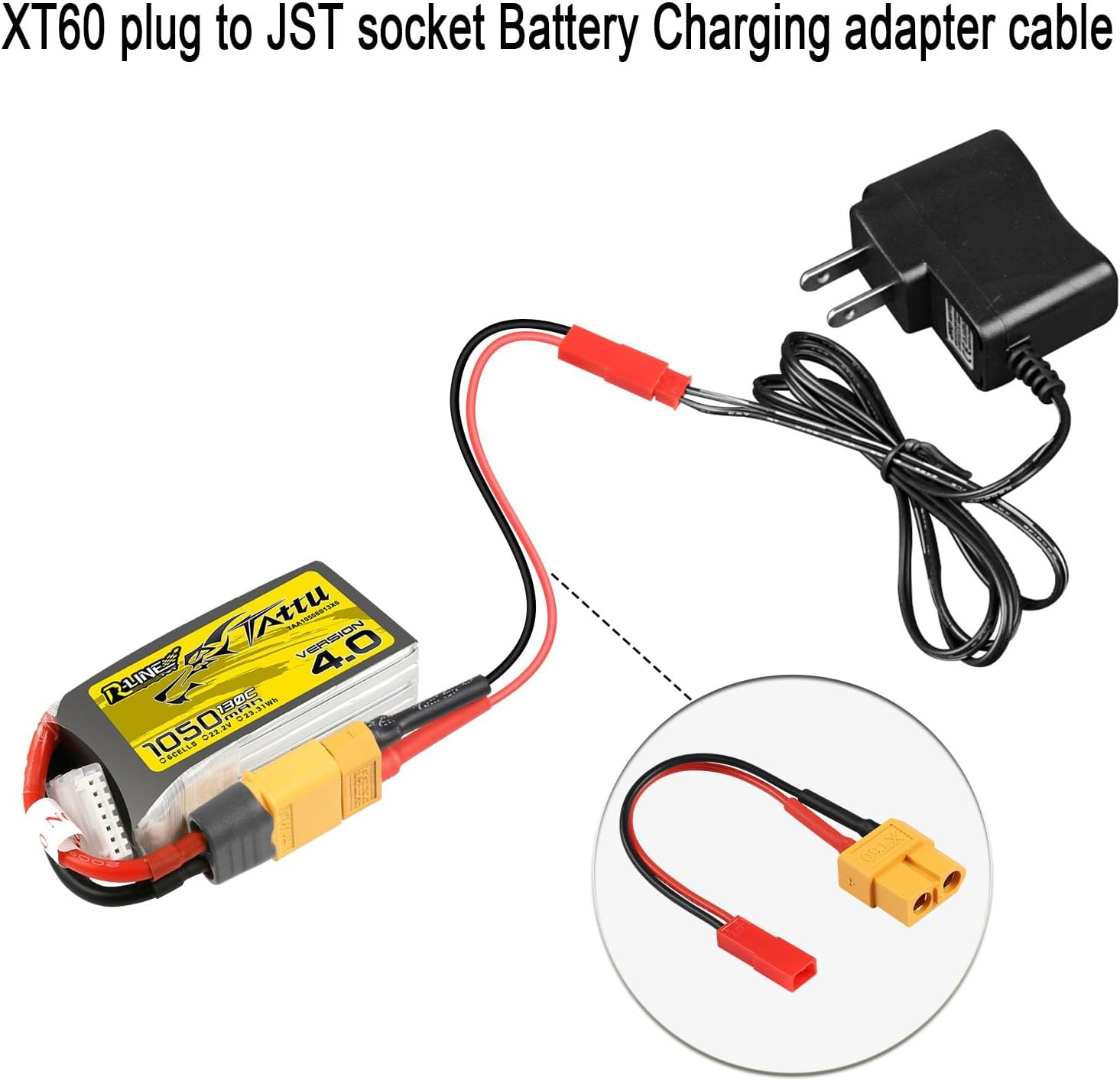 XT60-zu-JST-Adapterkabel mit Akku und Ladegerät.