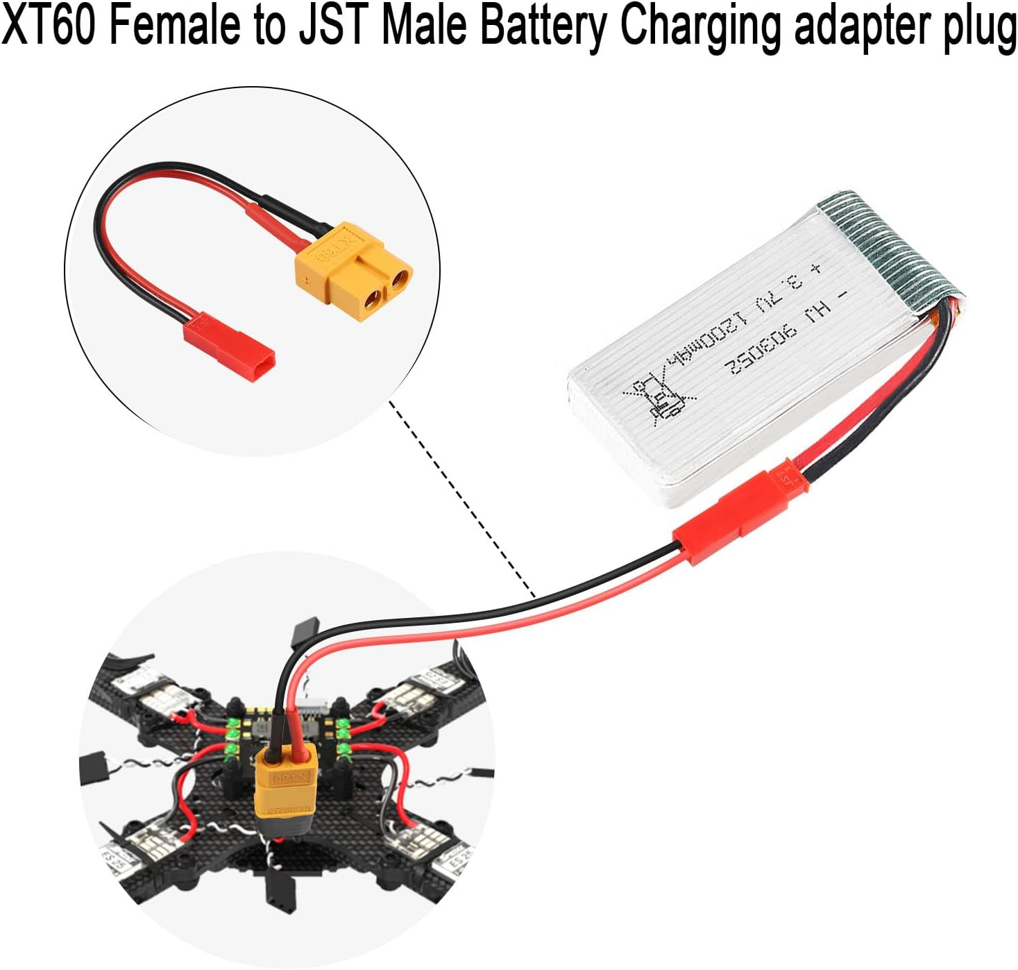 Batterieladeadapter mit roten und gelben Steckern und Kabeln sowie einer Batteriezelle.