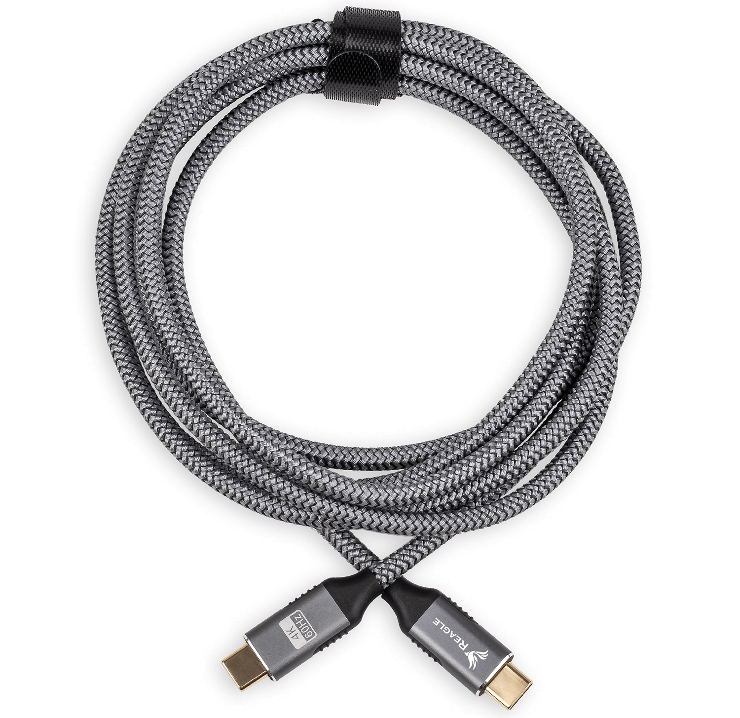 Szaro-czarny pleciony kabel USB-C ze złączami, starannie zwinięty.