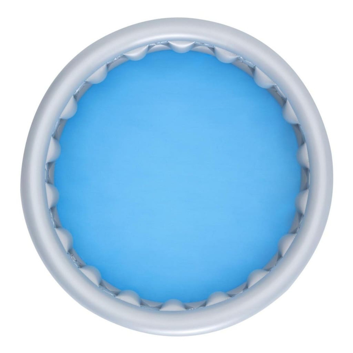 Een ronde opblaasbare zwembad, lichtgrijs aan de zijkanten, met blauw water. Witte achtergrond.