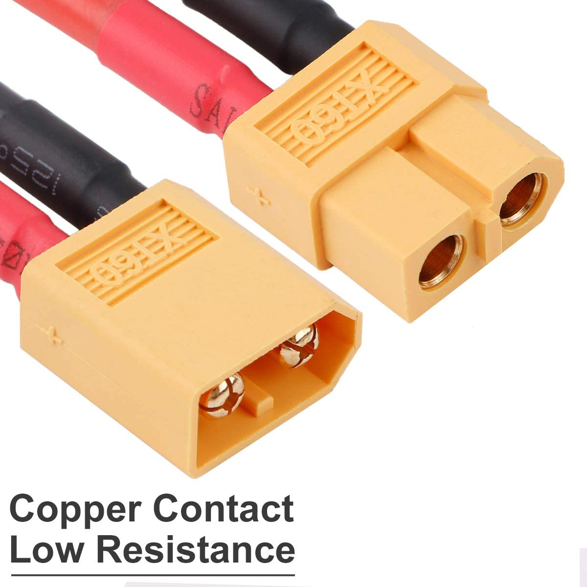 Gelbe Stecker mit roten und schwarzen Drähten. Text: Kupferkontakt, geringer Widerstand.