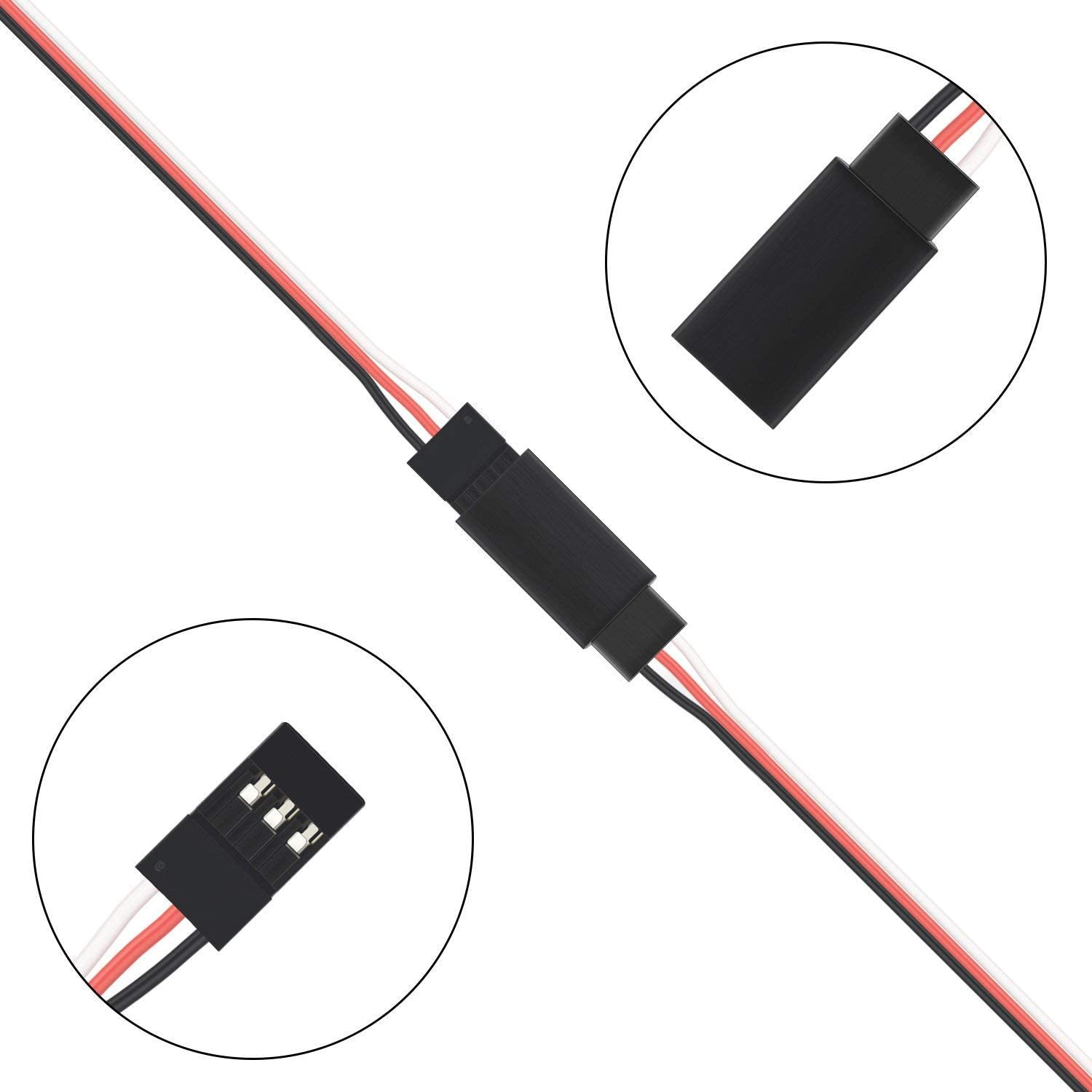 Elektronischer Stecker mit Drähten, mit schwarzen und weißen Drähten, mit Detailansichten in Kreisen.