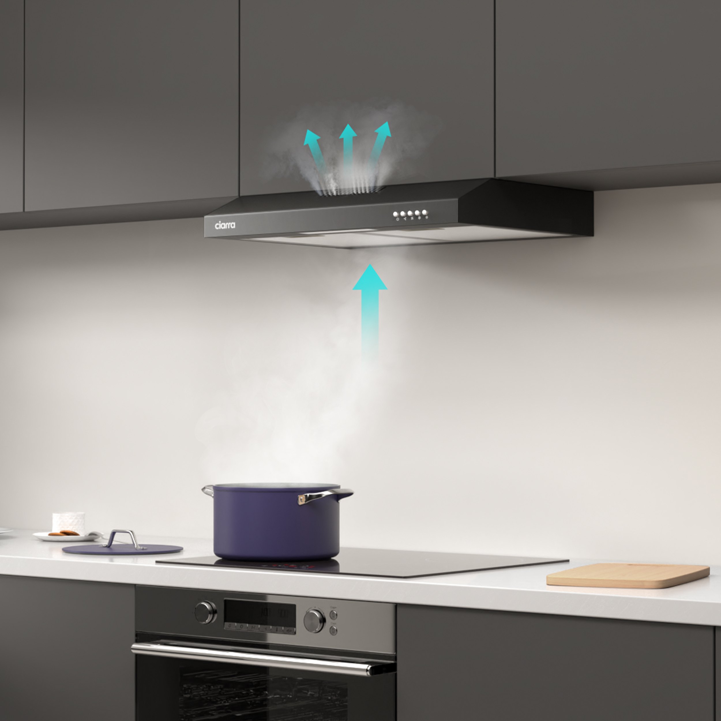 A black range hood over a stove, with steam rising from a pot. Arrows indicate steam extraction.