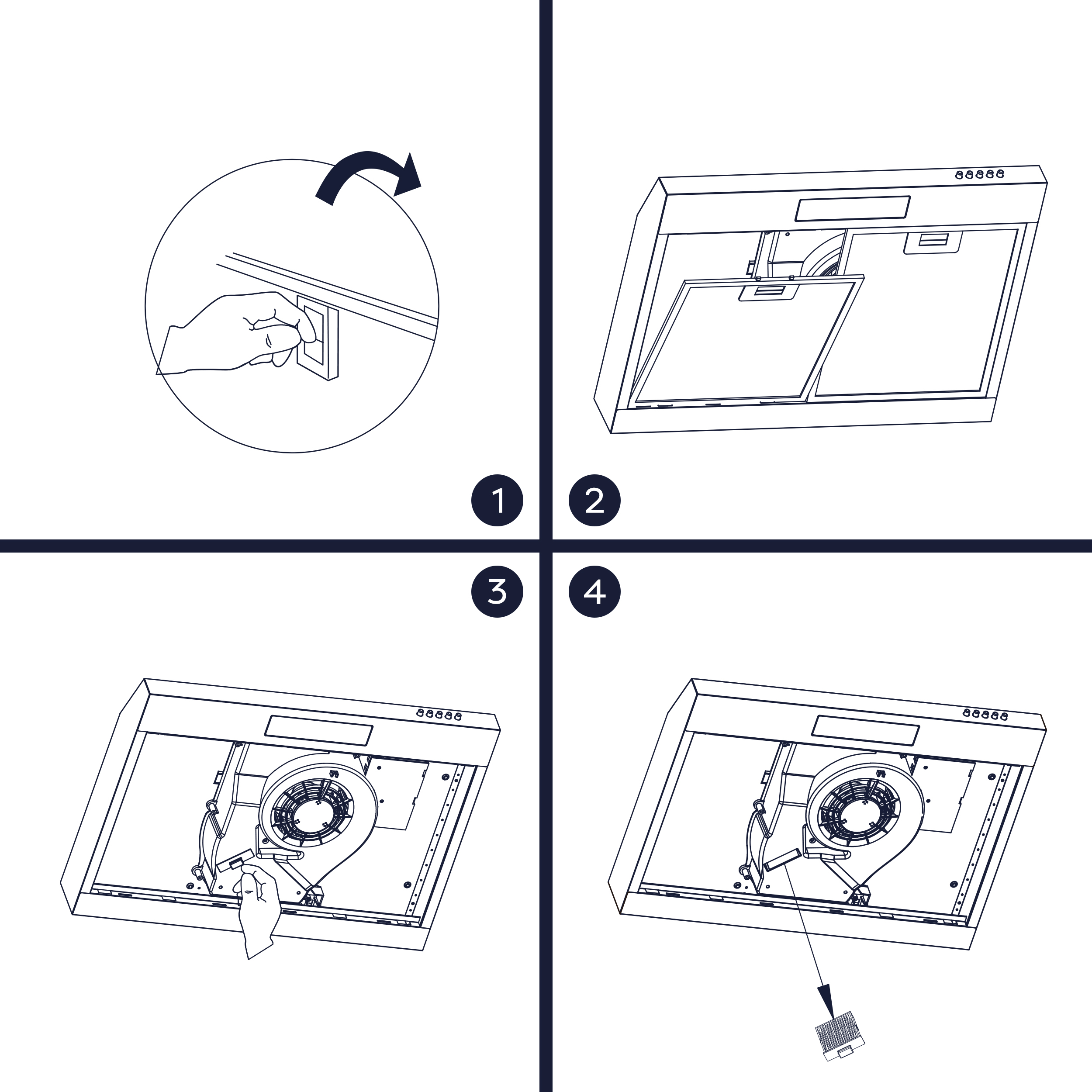 Four steps of installing a range hood. Shows removing, opening, inserting, and fixing a filter.