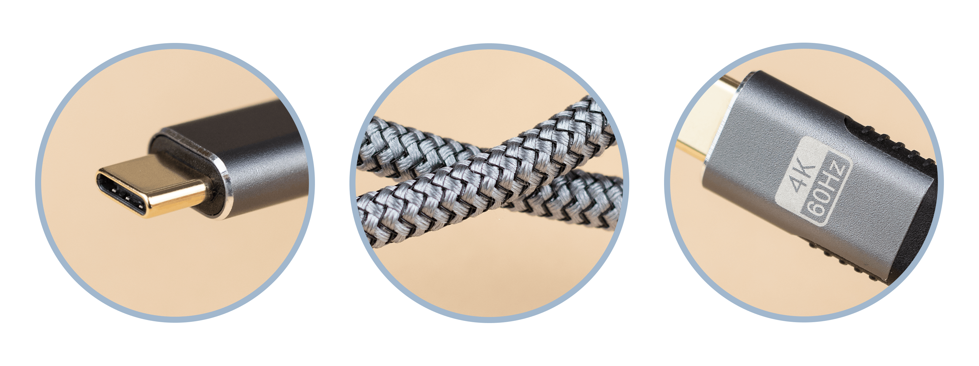 Zbliżenie na końcówki kabla USB-C: złącze, pleciony kabel i etykieta 4K.