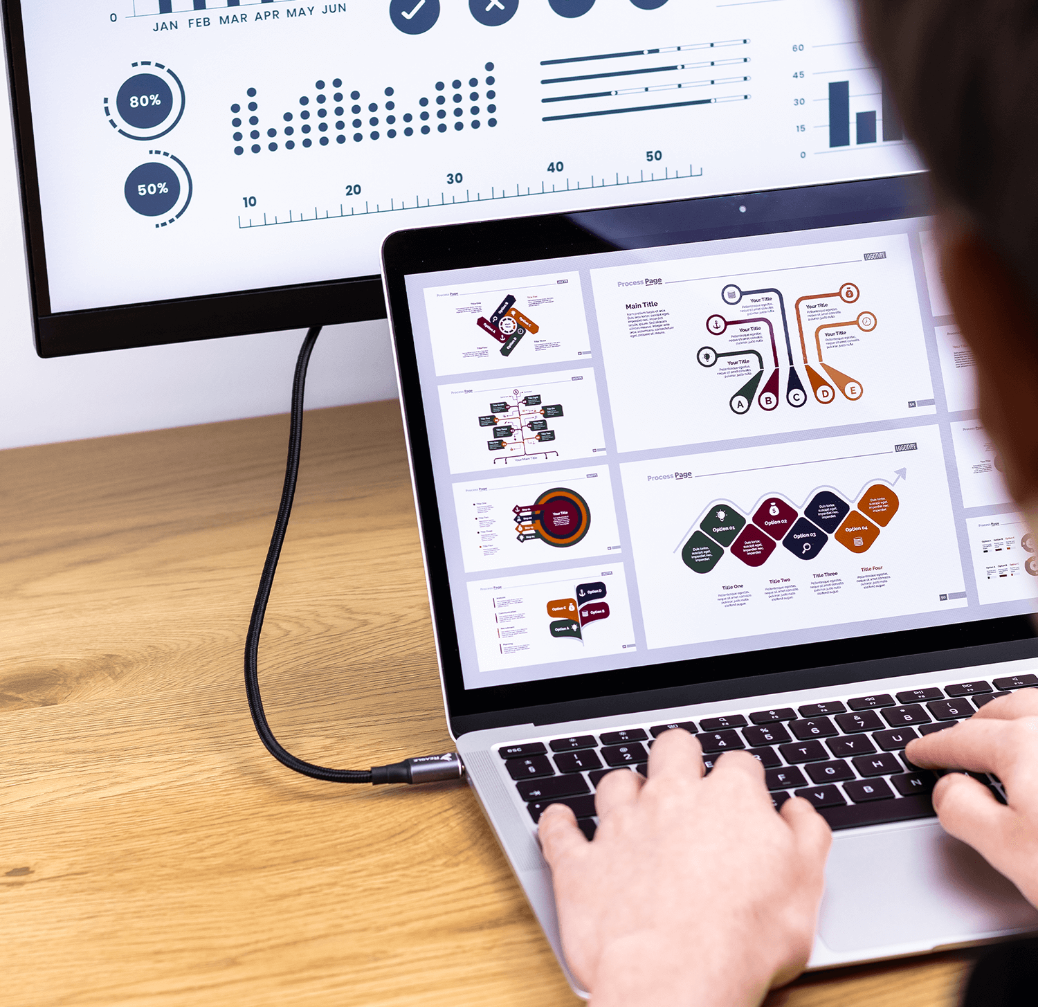 Osoba korzystająca z laptopa podłączonego do monitora wyświetlającego wykresy i diagramy.
