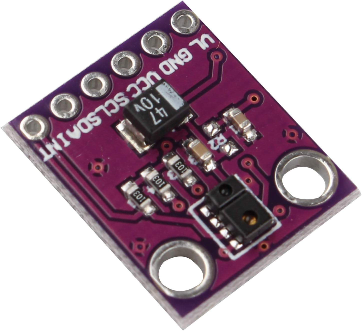 Violette elektronische Komponente mit mehreren Pins, Widerständen und einem schwarzen quadratischen Bauteil.