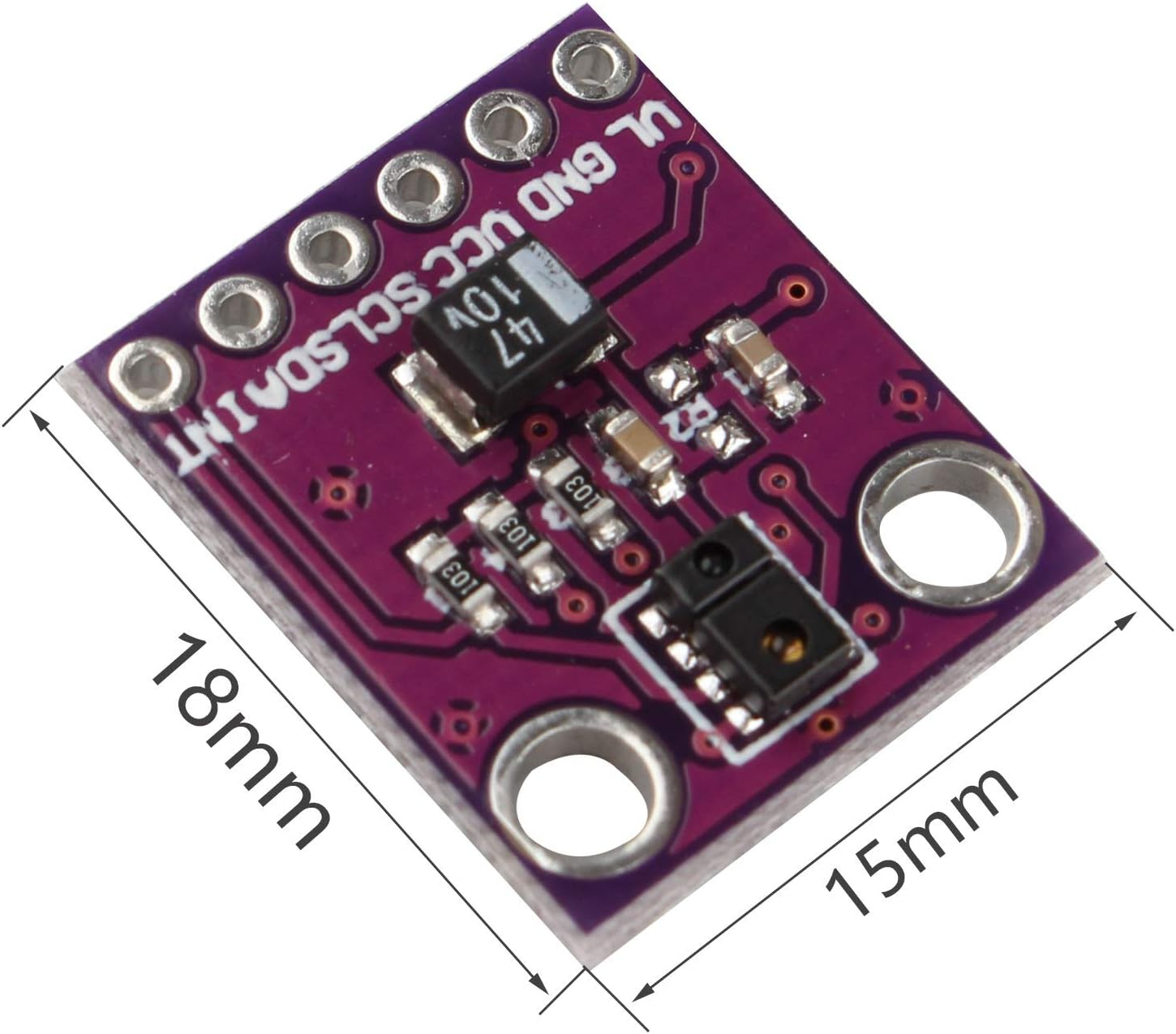 Eine lila elektronische Leiterplatte mit Komponenten und Messabmessungen. 18 mm x 15 mm.