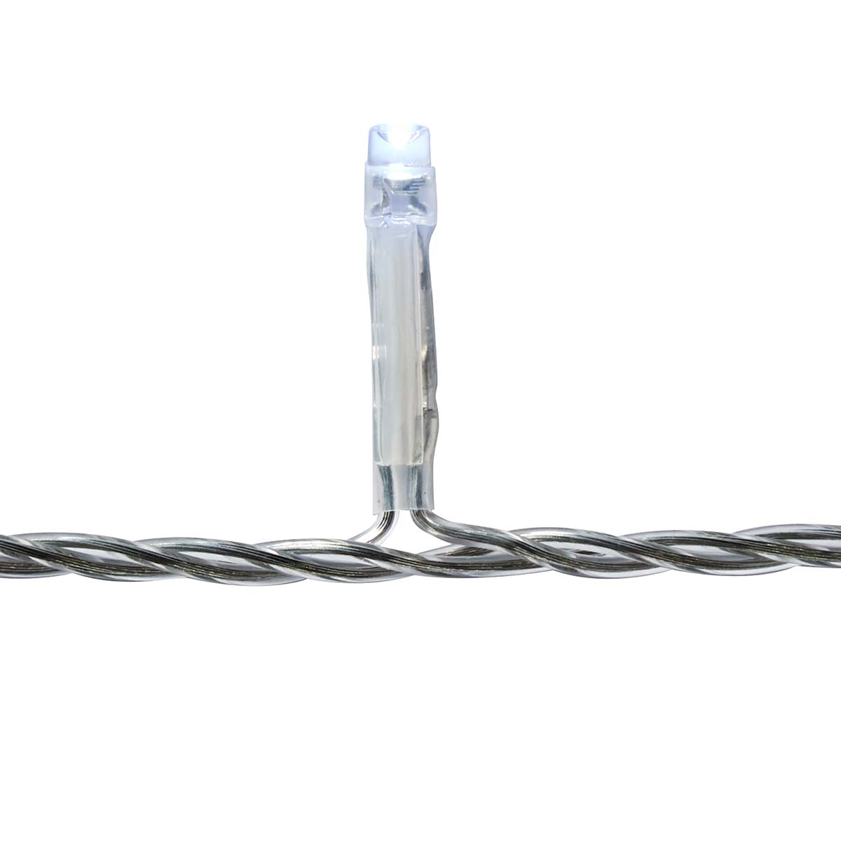 Close-up of a single LED light on a silver wire. The light is white, and the wire is twisted.