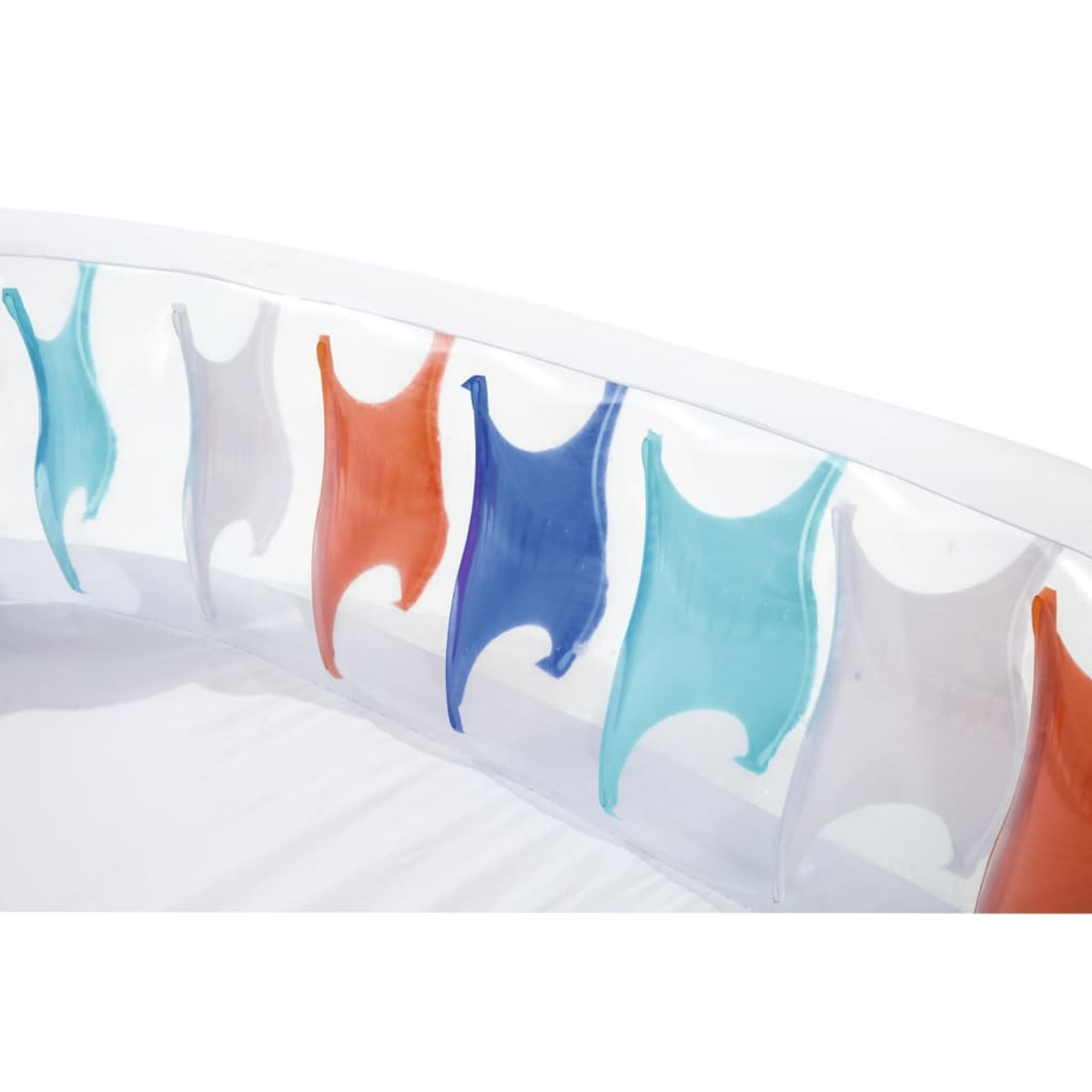 Une piscine gonflable transparente avec des formes colorées et stylisées autour du bord. Les formes sont de couleurs variées.