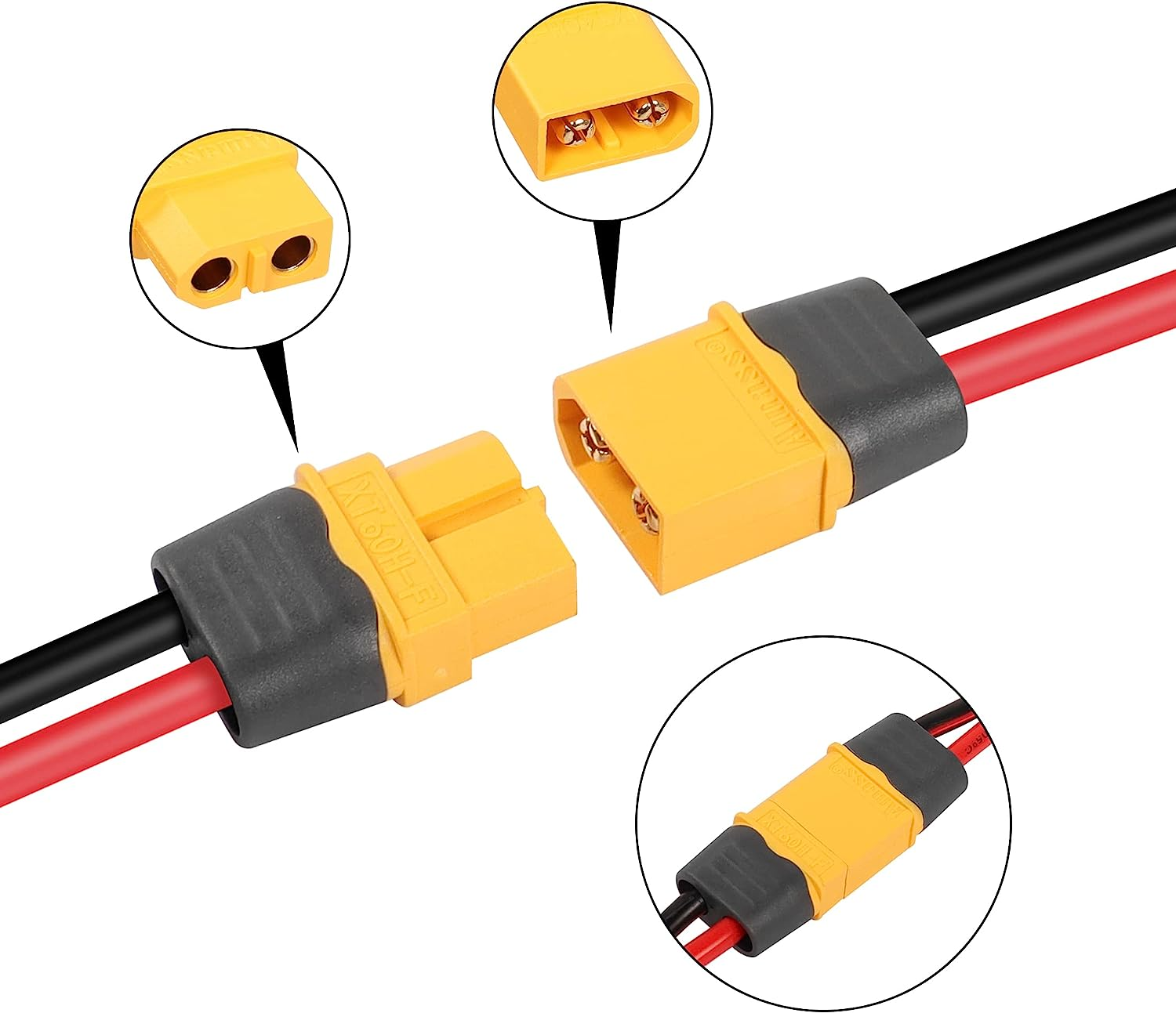 Gelbe und schwarze Stecker mit roten und schwarzen Drähten, Nahaufnahme.