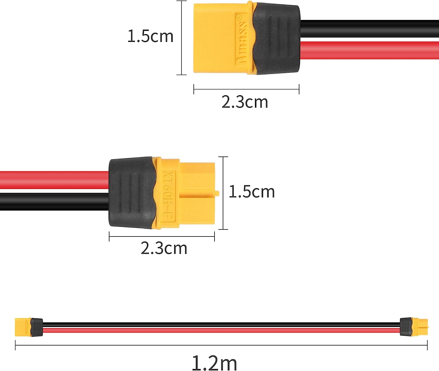 Nahaufnahme von gelben und schwarzen XT60-H-Anschlüssen mit roten und schwarzen Drähten. Maße sind angegeben: 1,5 cm, 2,3 cm, 1,2 m.